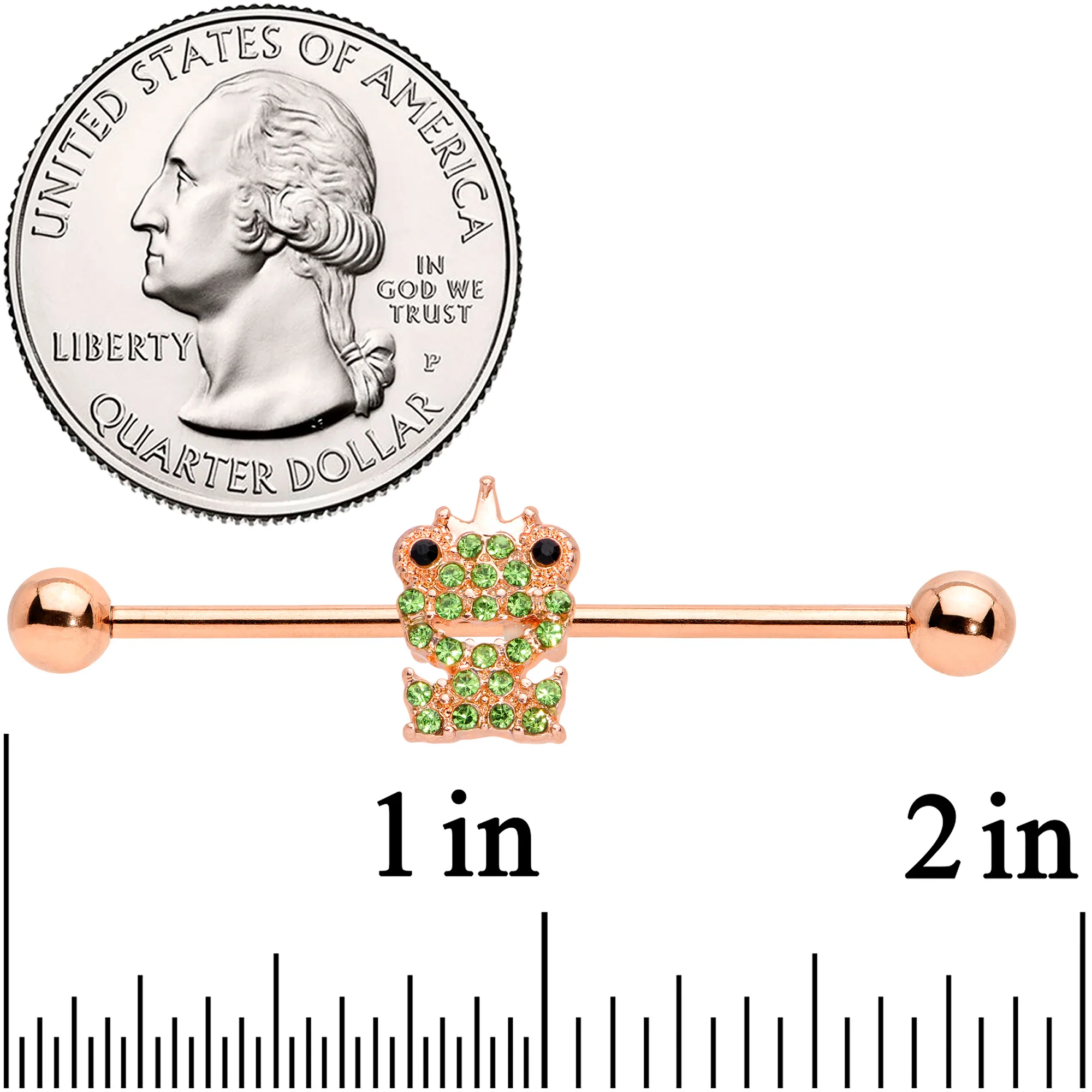 14G Green Gem Rose Gold Tone Royal Frog Industrial Barbell 38mm - Image 3