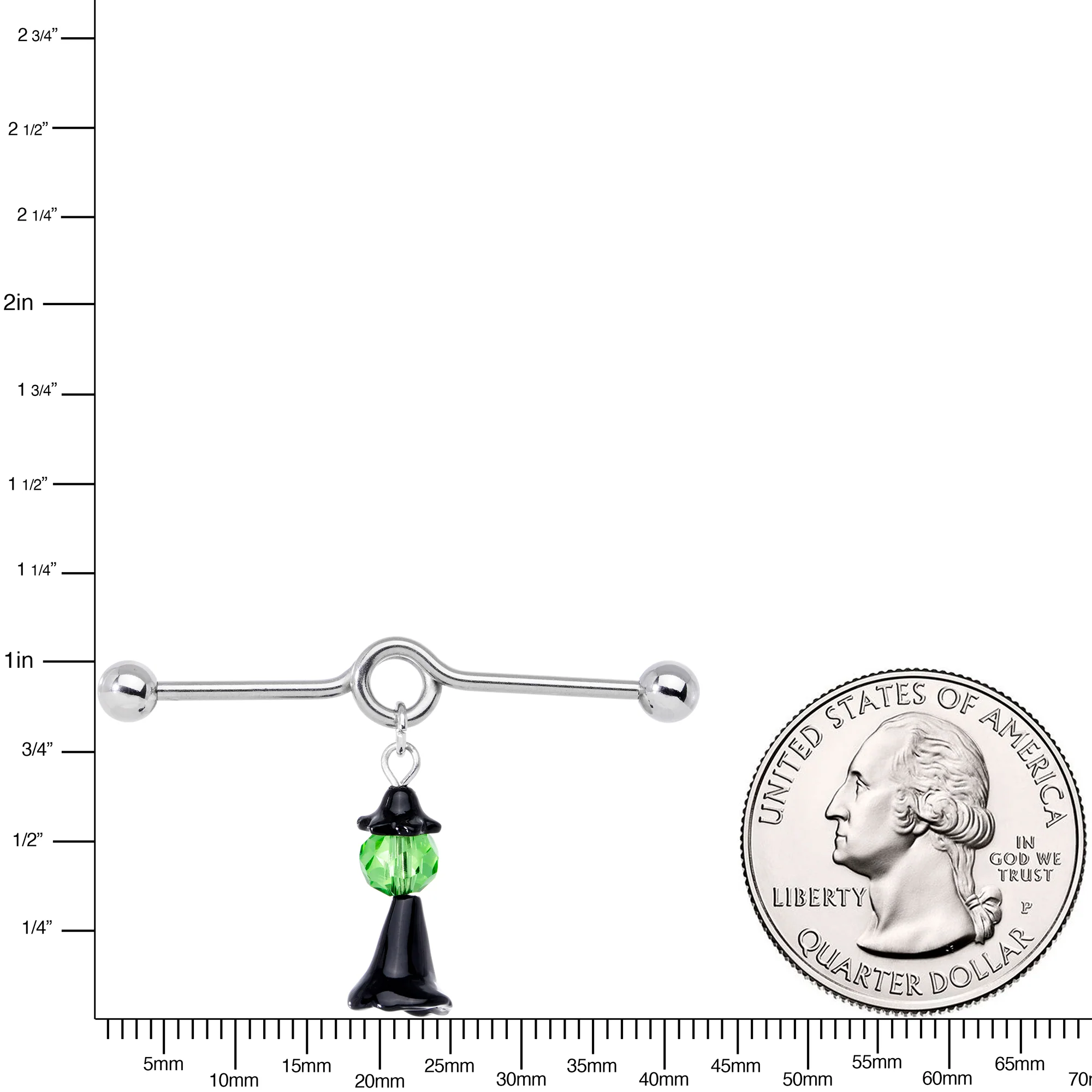 14G Green Gem Spooky Witch Halloween Dangle Project Bar 38mm - Image 3