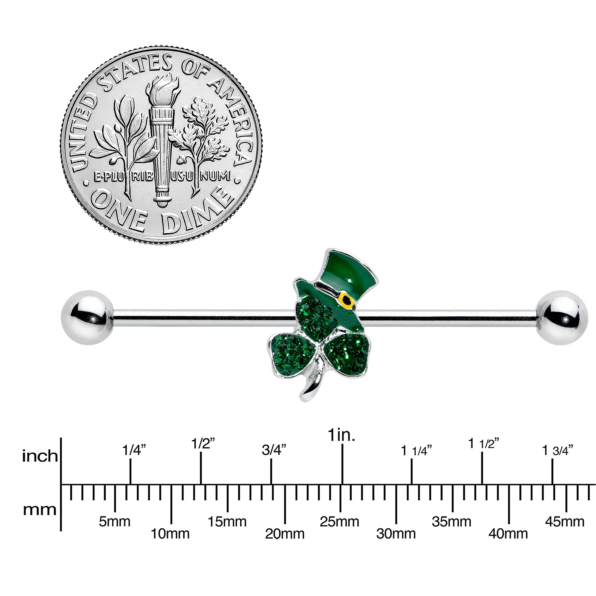 14G Green Gem Top Hat Shamrock St Patricks Industrial Barbell 38mm - Image 3