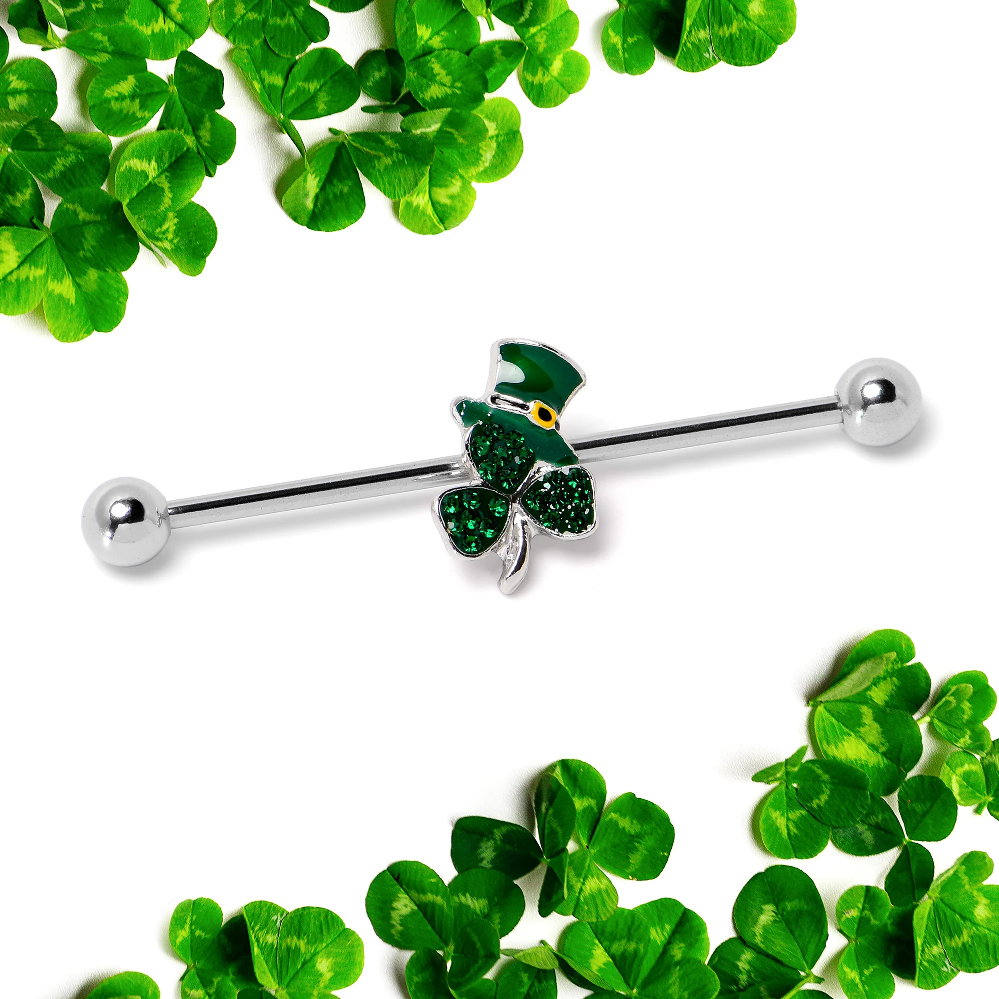 14G Green Gem Top Hat Shamrock St Patricks Industrial Barbell 38mm - Image 4