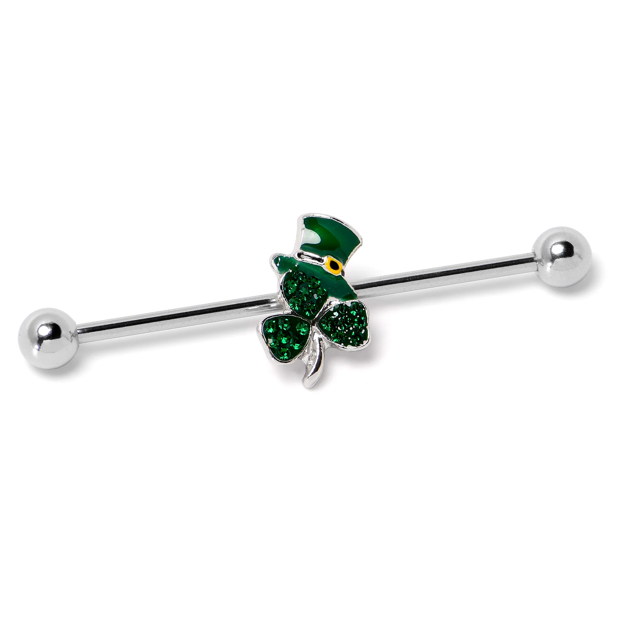 14G Green Gem Top Hat Shamrock St Patricks Industrial Barbell 38mm - Image 5