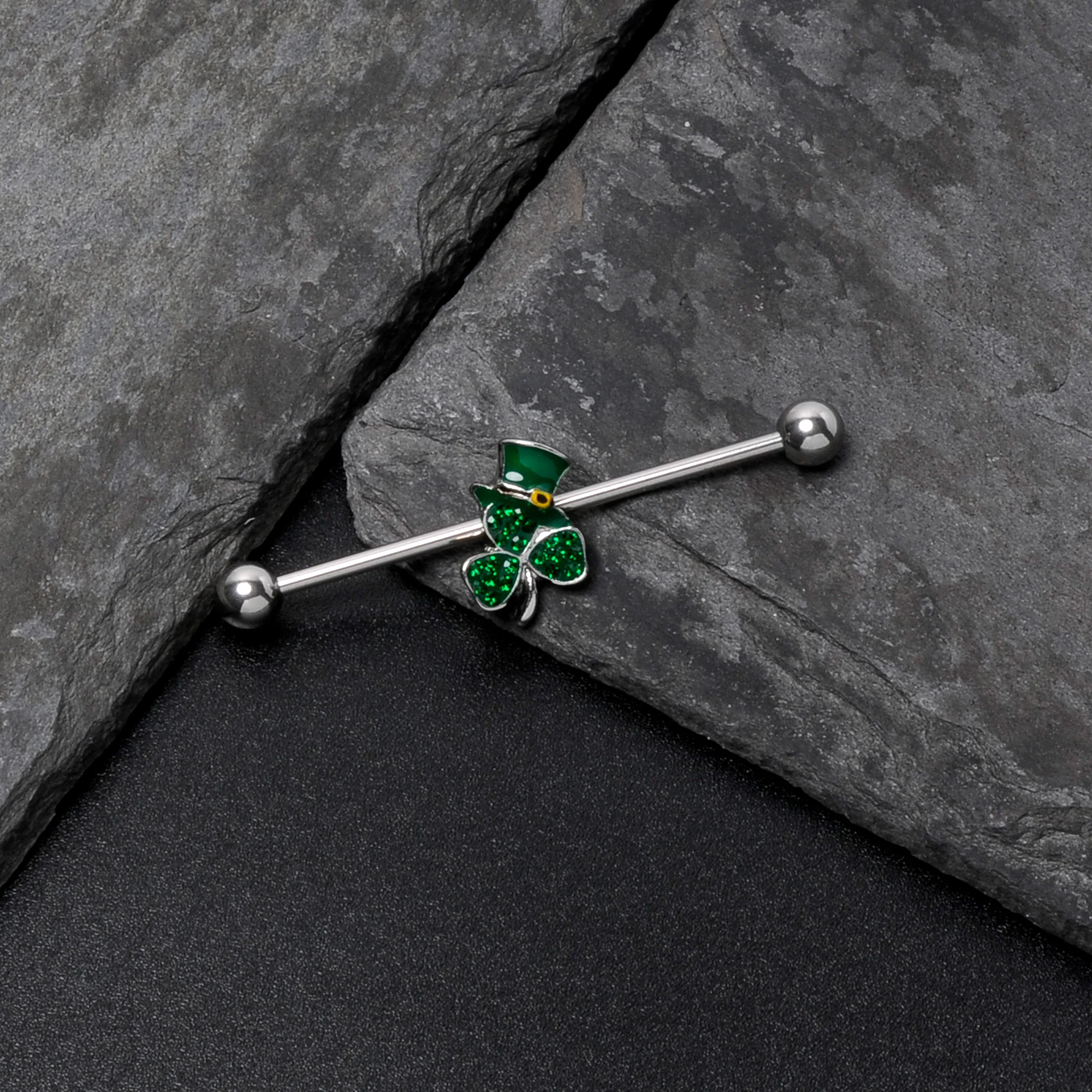 14G Green Gem Top Hat Shamrock St Patricks Industrial Barbell 38mm - Image 7