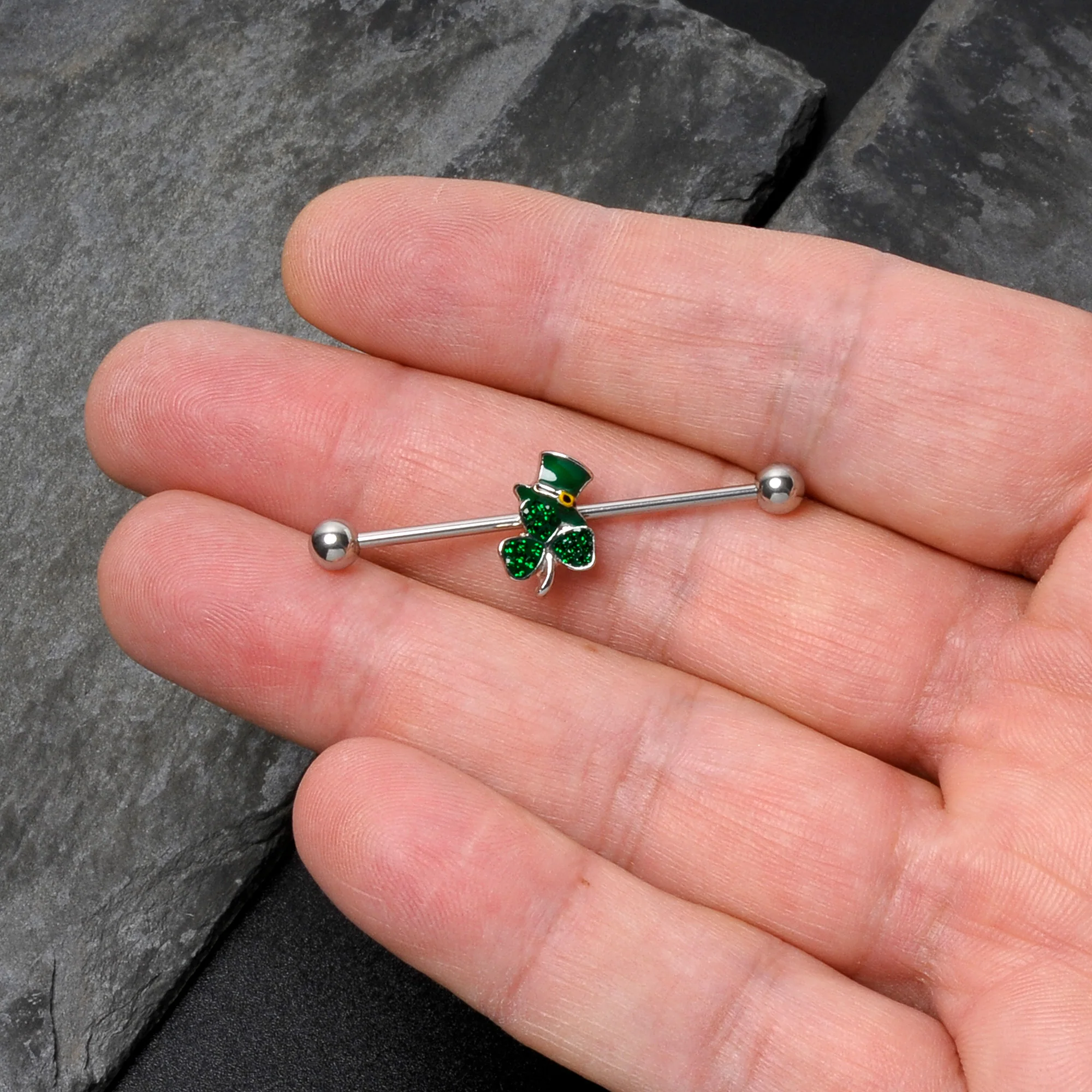 14G Green Gem Top Hat Shamrock St Patricks Industrial Barbell 38mm - Image 8