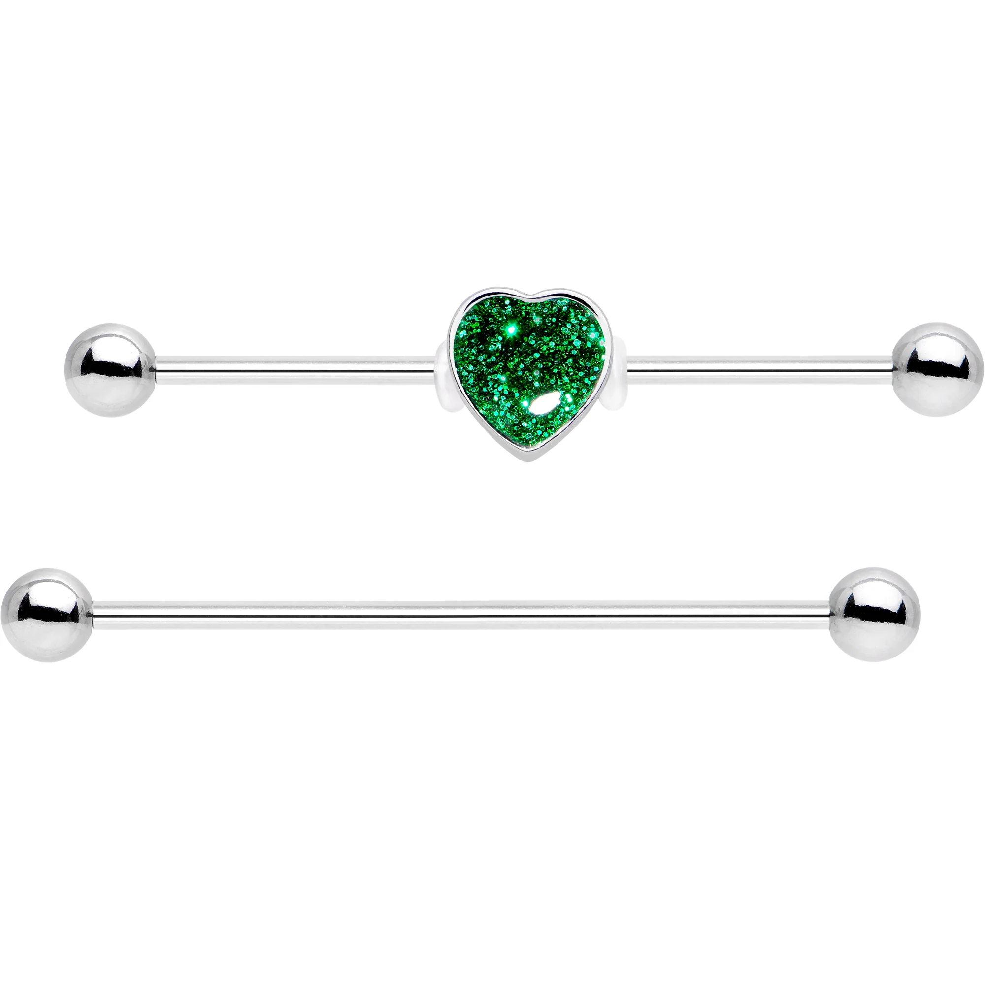 14G Green Glitter Heart Industrial Barbell 38mm Set of 2 - Image 2