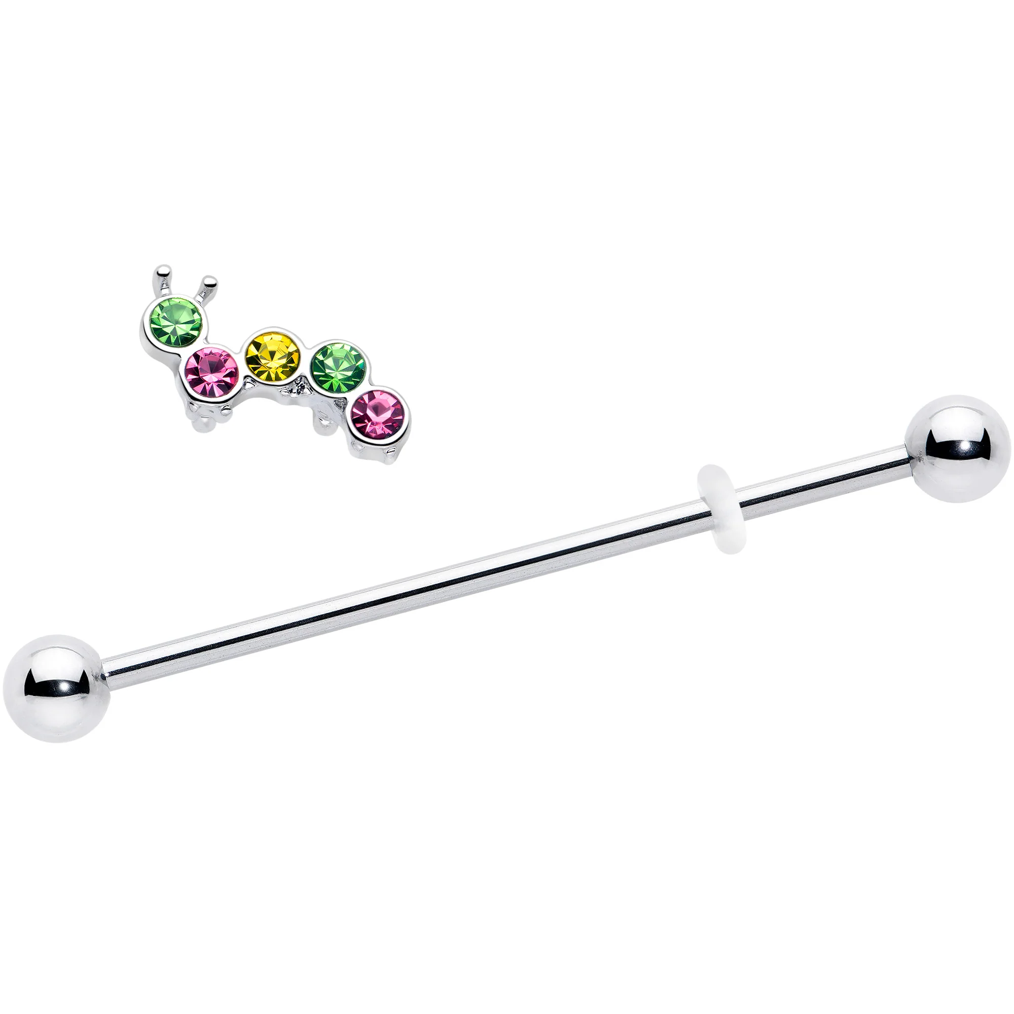 14G Green Pink Gem Caterpillar Industrial Barbell 38mm - Image 2