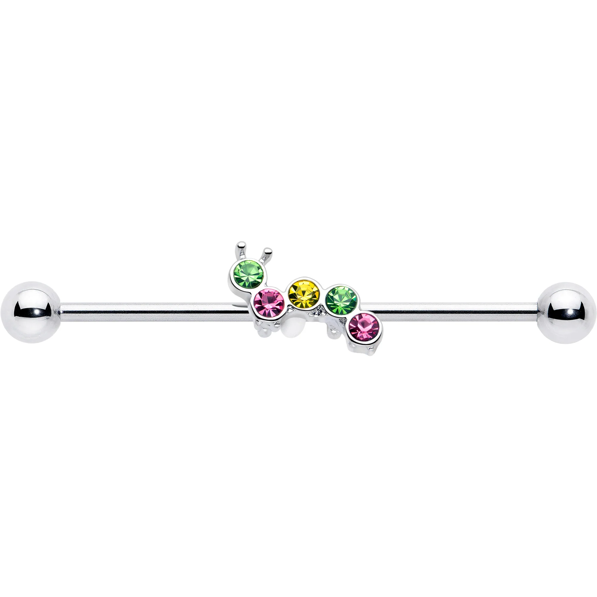 14G Green Pink Gem Caterpillar Industrial Barbell 38mm - Image 3