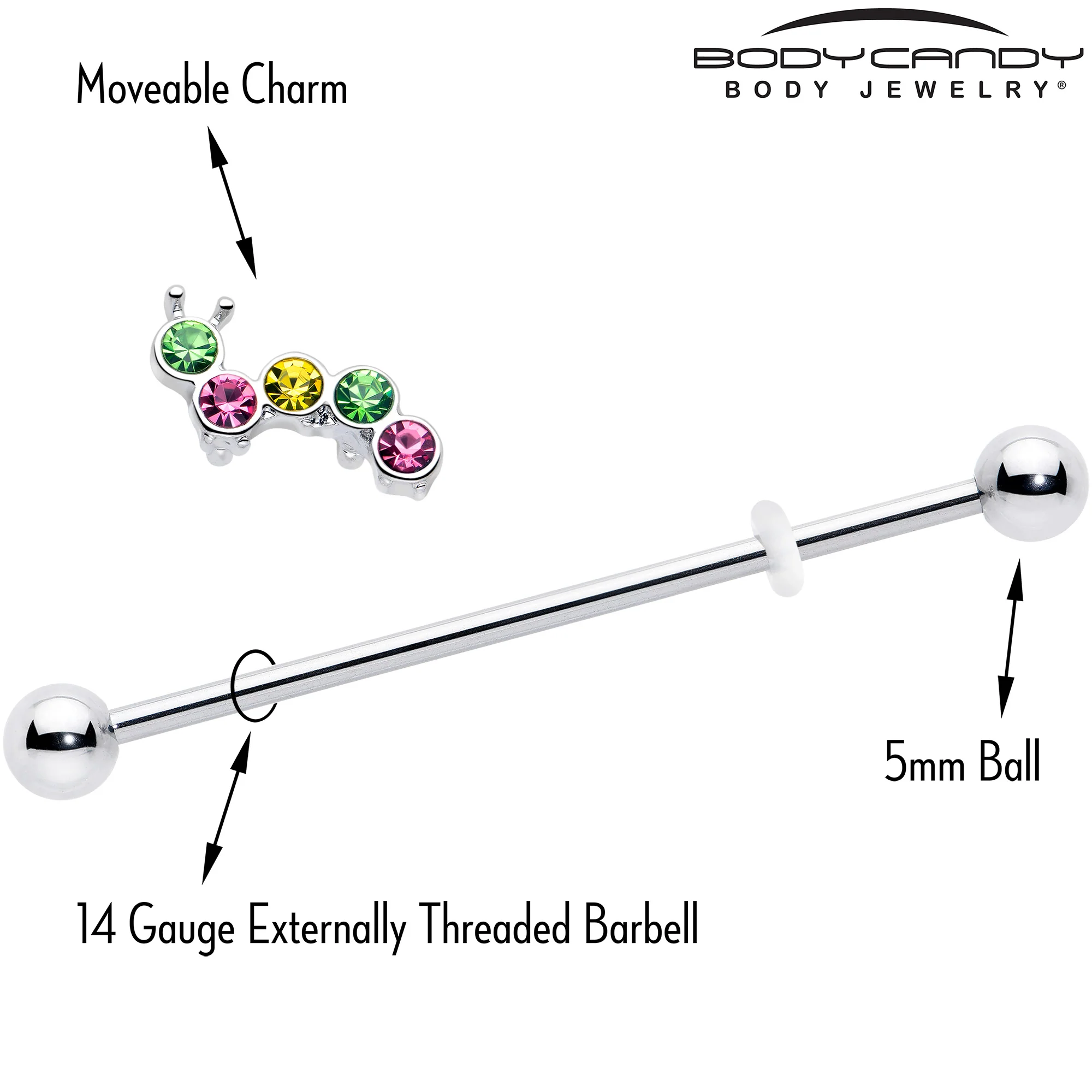 14G Green Pink Gem Caterpillar Industrial Barbell 38mm - Image 4