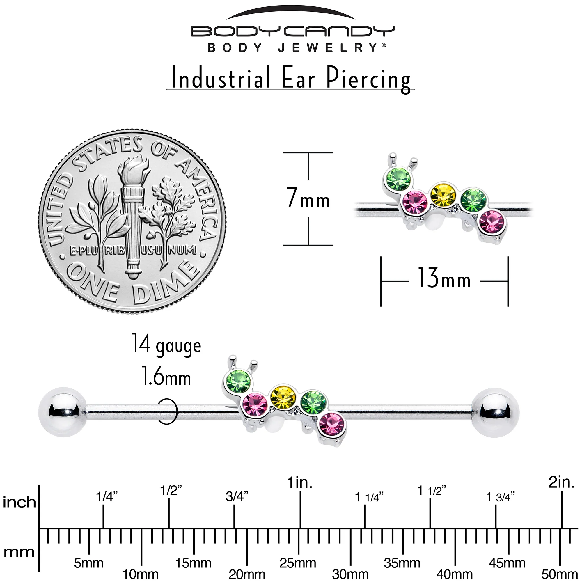 14G Green Pink Gem Caterpillar Industrial Barbell 38mm - Image 5