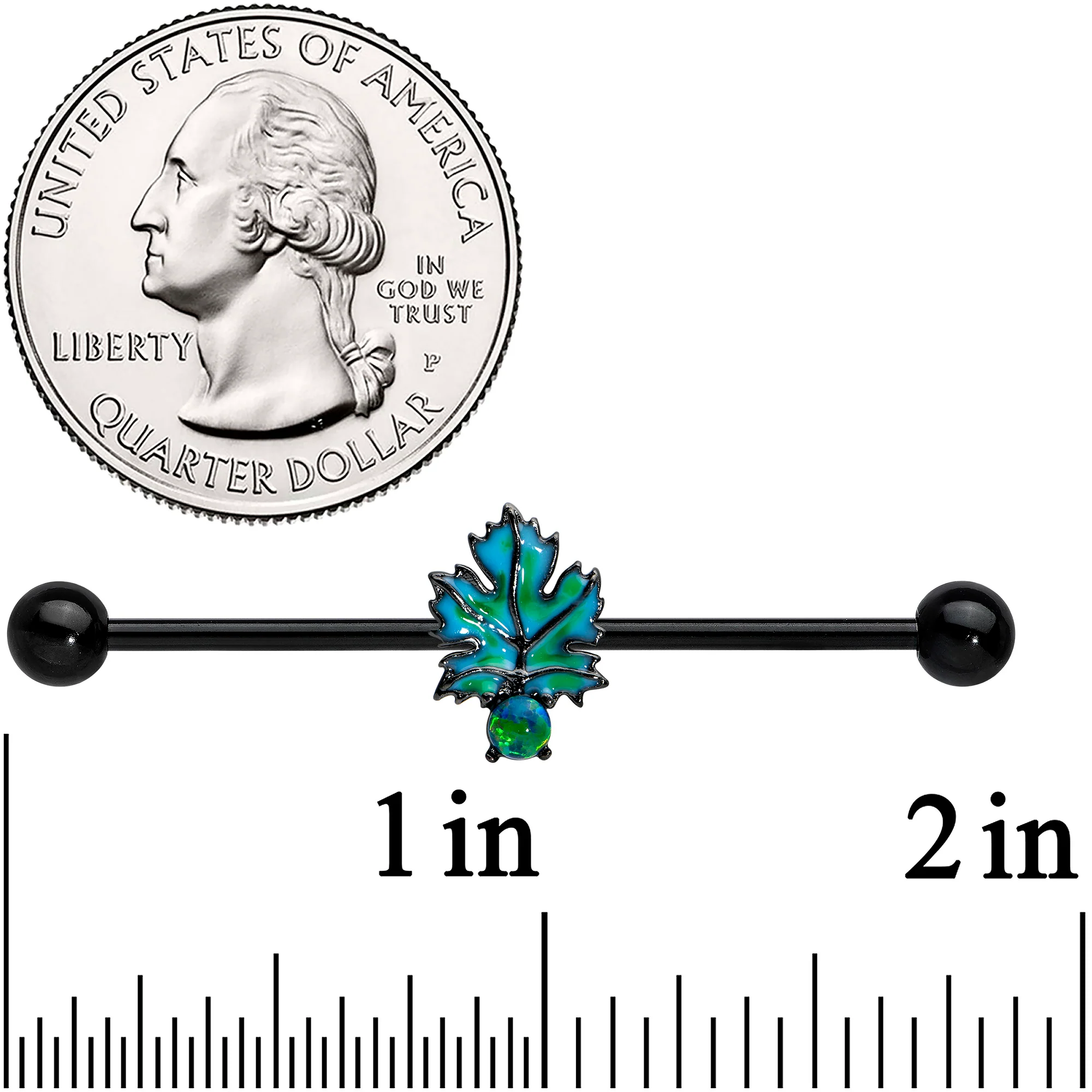 14G Green Synthetic Opal Black Fall Leaf Industrial Barbell 38mm - Image 2