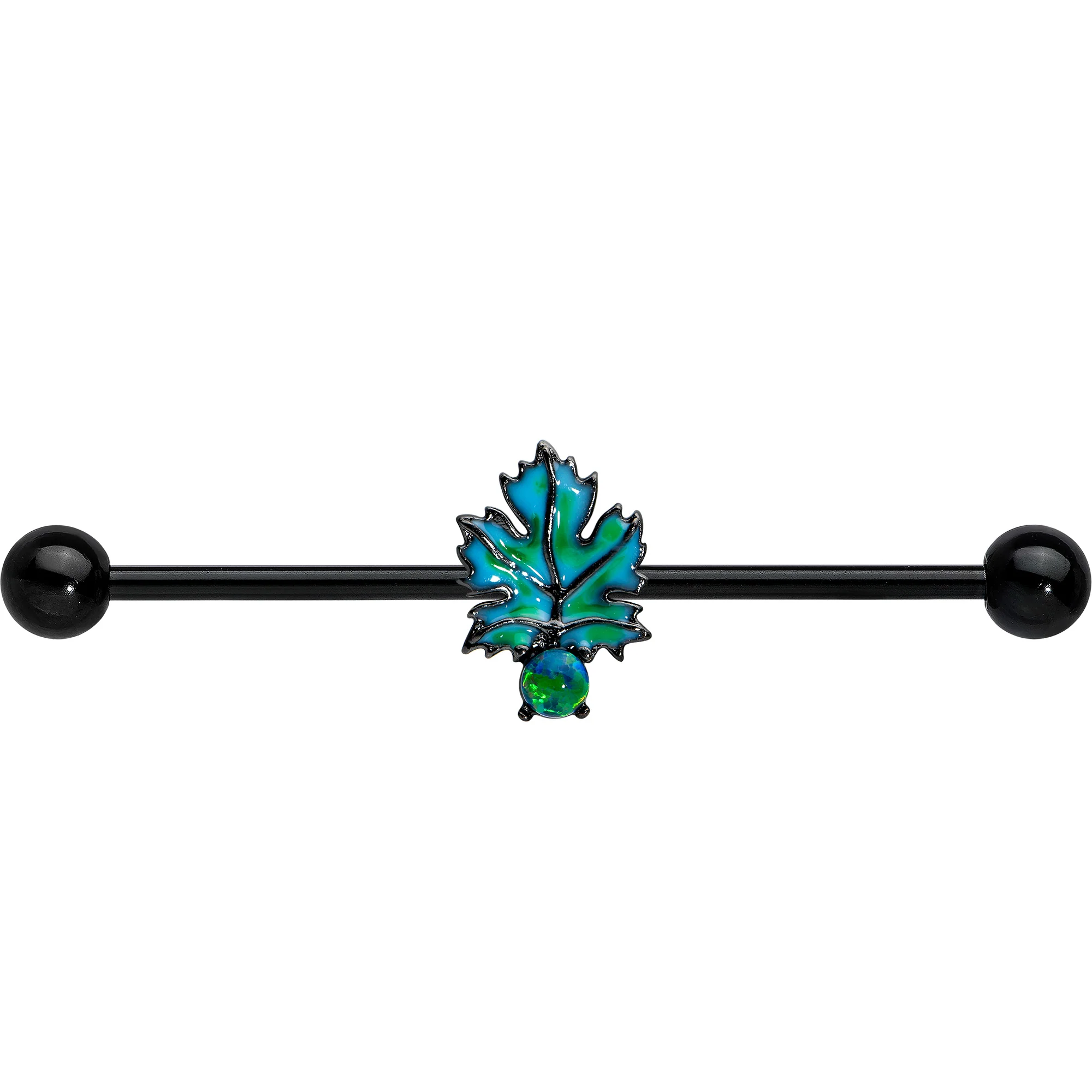 14G Green Synthetic Opal Black Fall Leaf Industrial Barbell 38mm - Image 4