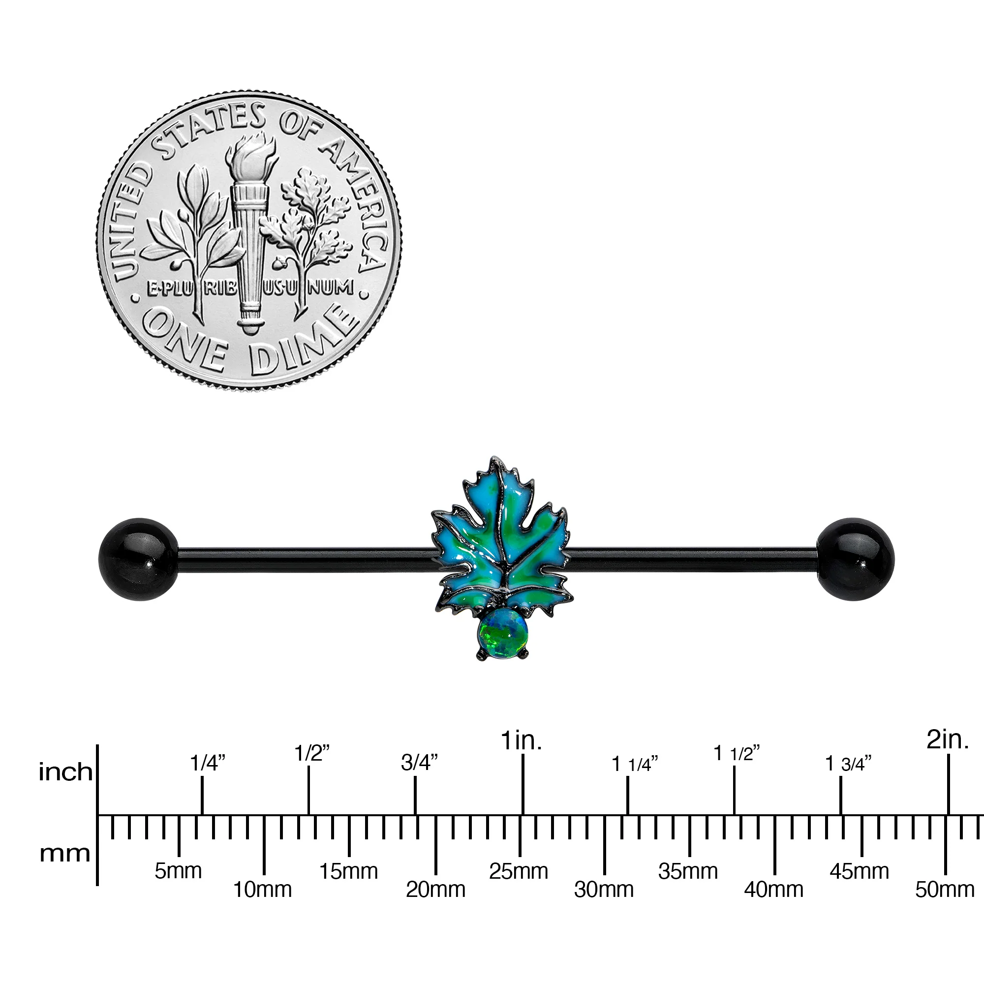 14G Green Synthetic Opal Black Fall Leaf Industrial Barbell 38mm - Image 5