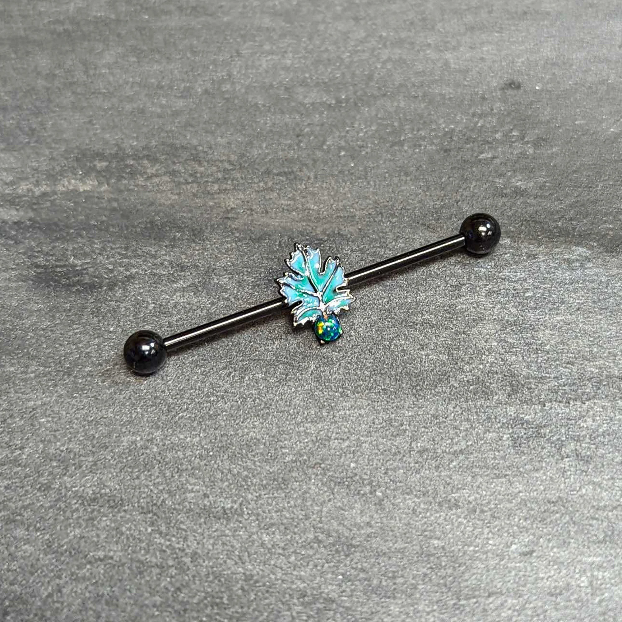 14G Green Synthetic Opal Black Fall Leaf Industrial Barbell 38mm - Image 6