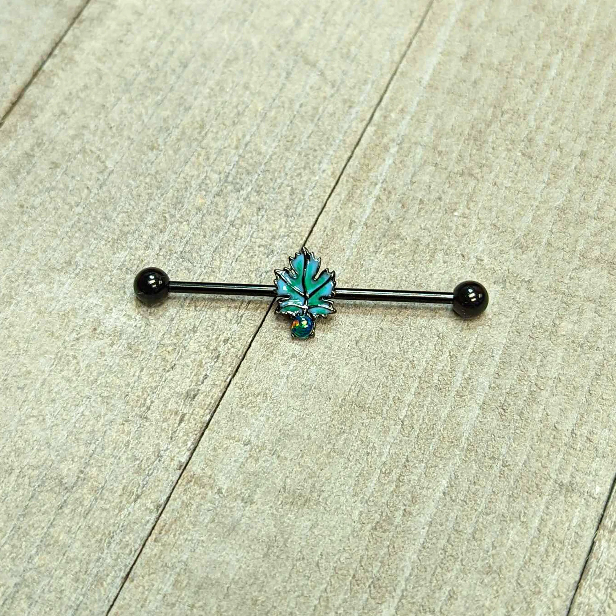 14G Green Synthetic Opal Black Fall Leaf Industrial Barbell 38mm - Image 7