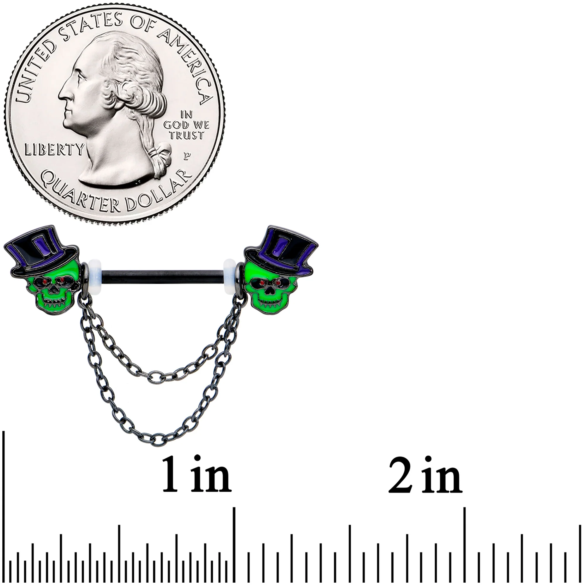 14G Green Top Hat Skull Halloween Dangle Nipple Ring Set - Image 2