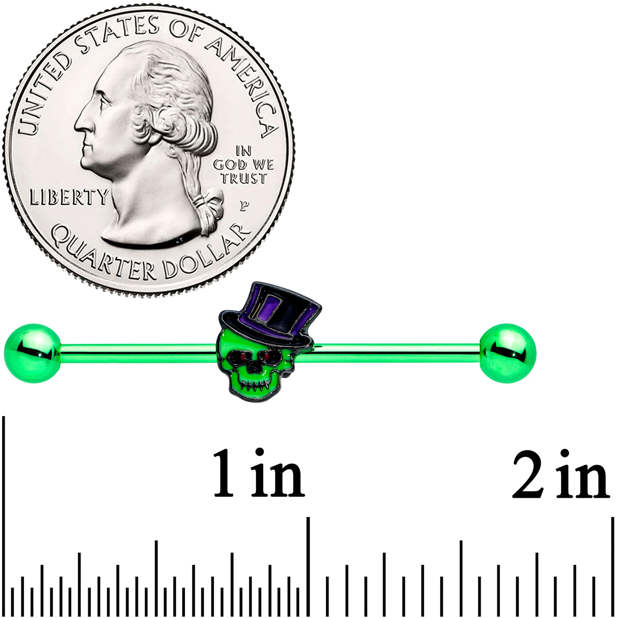 14G Green Top Hat Skull Halloween Industrial Barbell 38mm - Image 2
