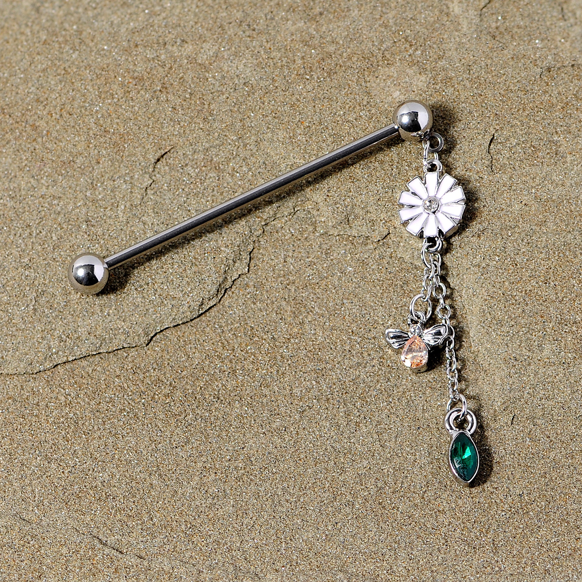 14G Green Yellow Gem Flower Bee Dangle Industrial Barbell 38mm - Image 2