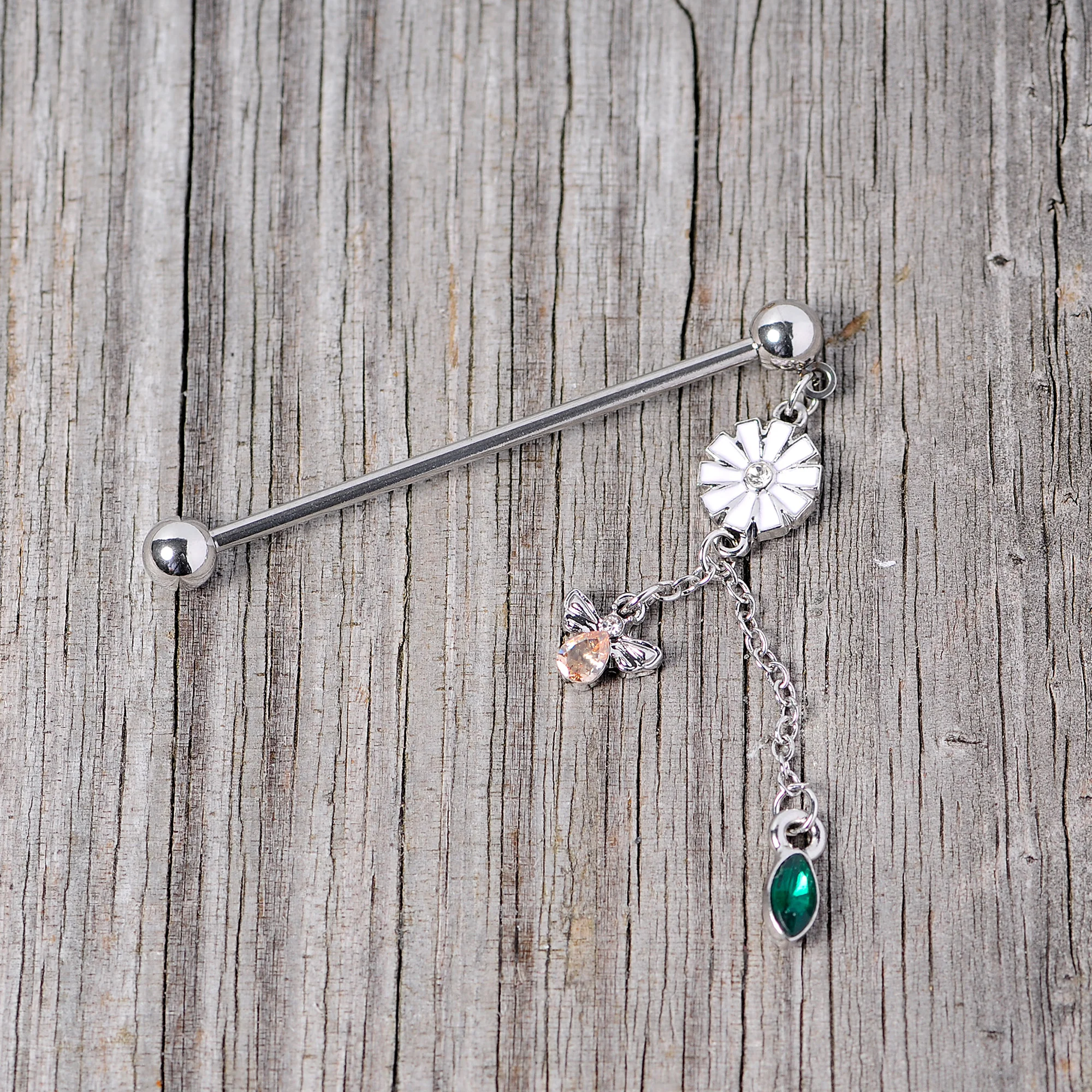 14G Green Yellow Gem Flower Bee Dangle Industrial Barbell 38mm - Image 3