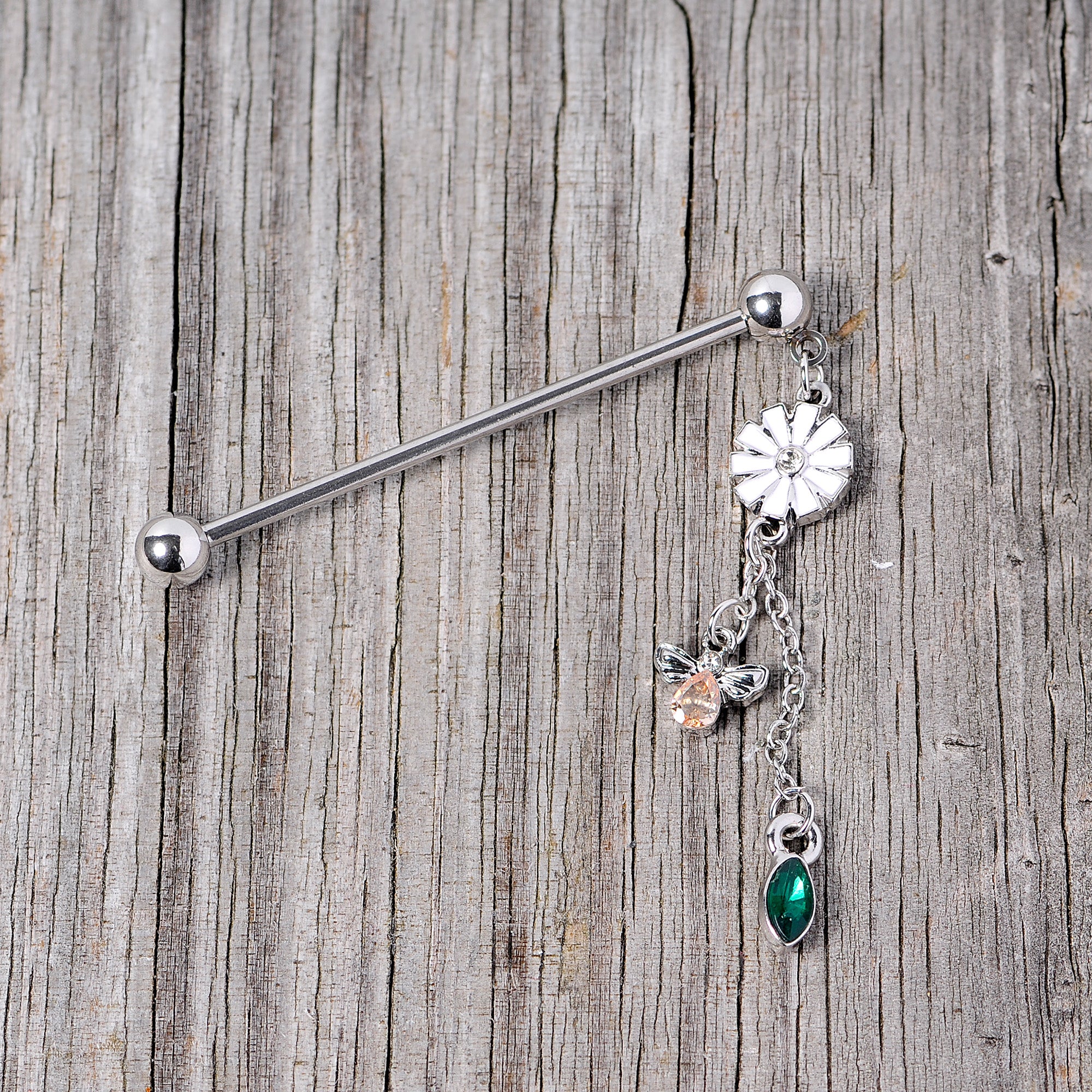 14G Green Yellow Gem Flower Bee Dangle Industrial Barbell 38mm - Image 4