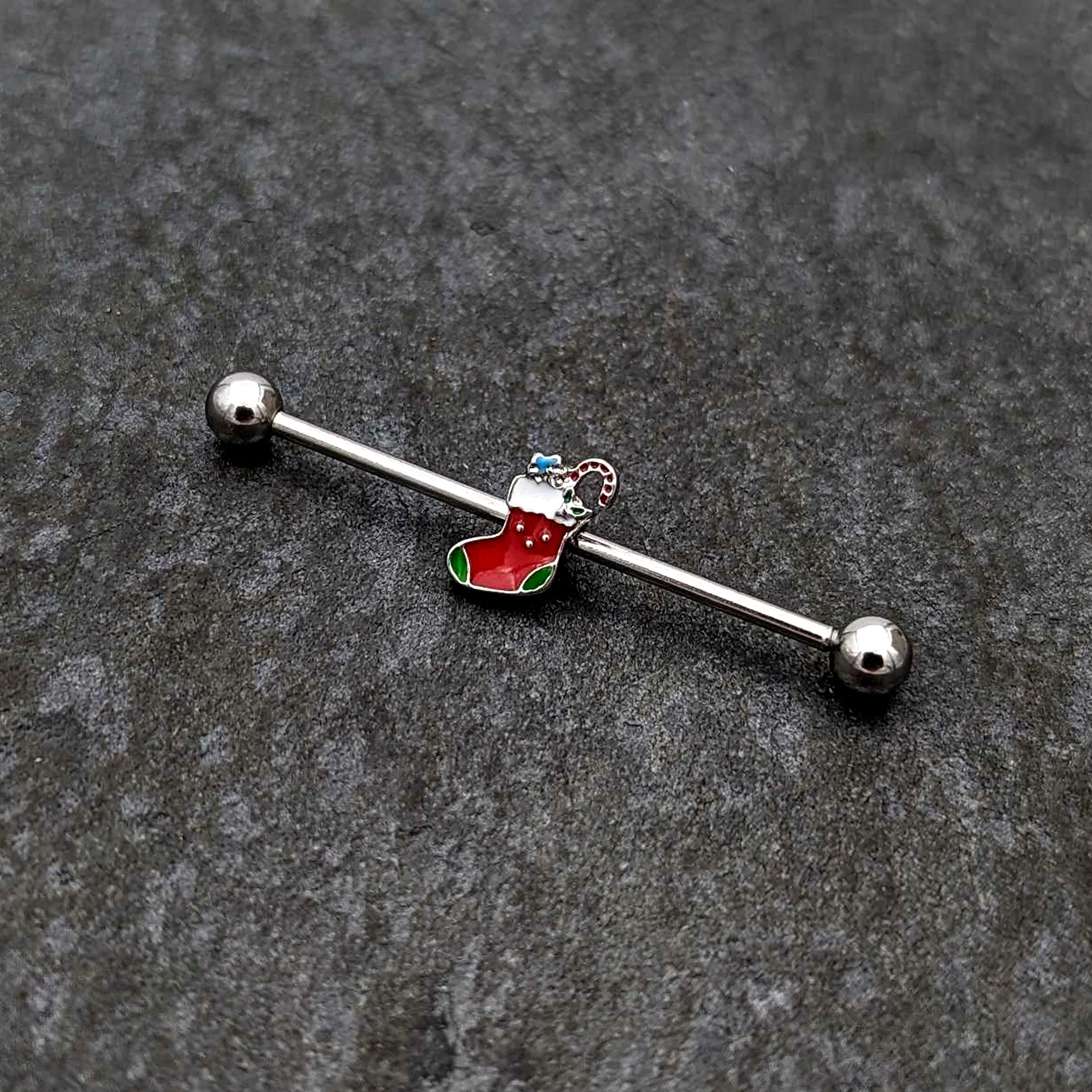 14G Happy Christmas Stocking Red Green Industrial Barbell 38mm - Image 4
