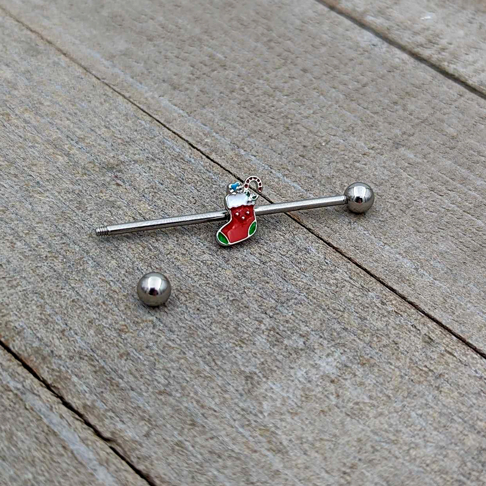 14G Happy Christmas Stocking Red Green Industrial Barbell 38mm - Image 7