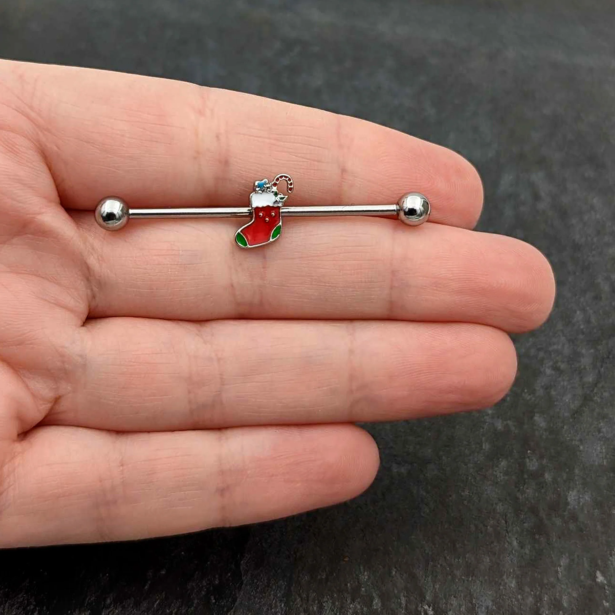 14G Happy Christmas Stocking Red Green Industrial Barbell 38mm - Image 8