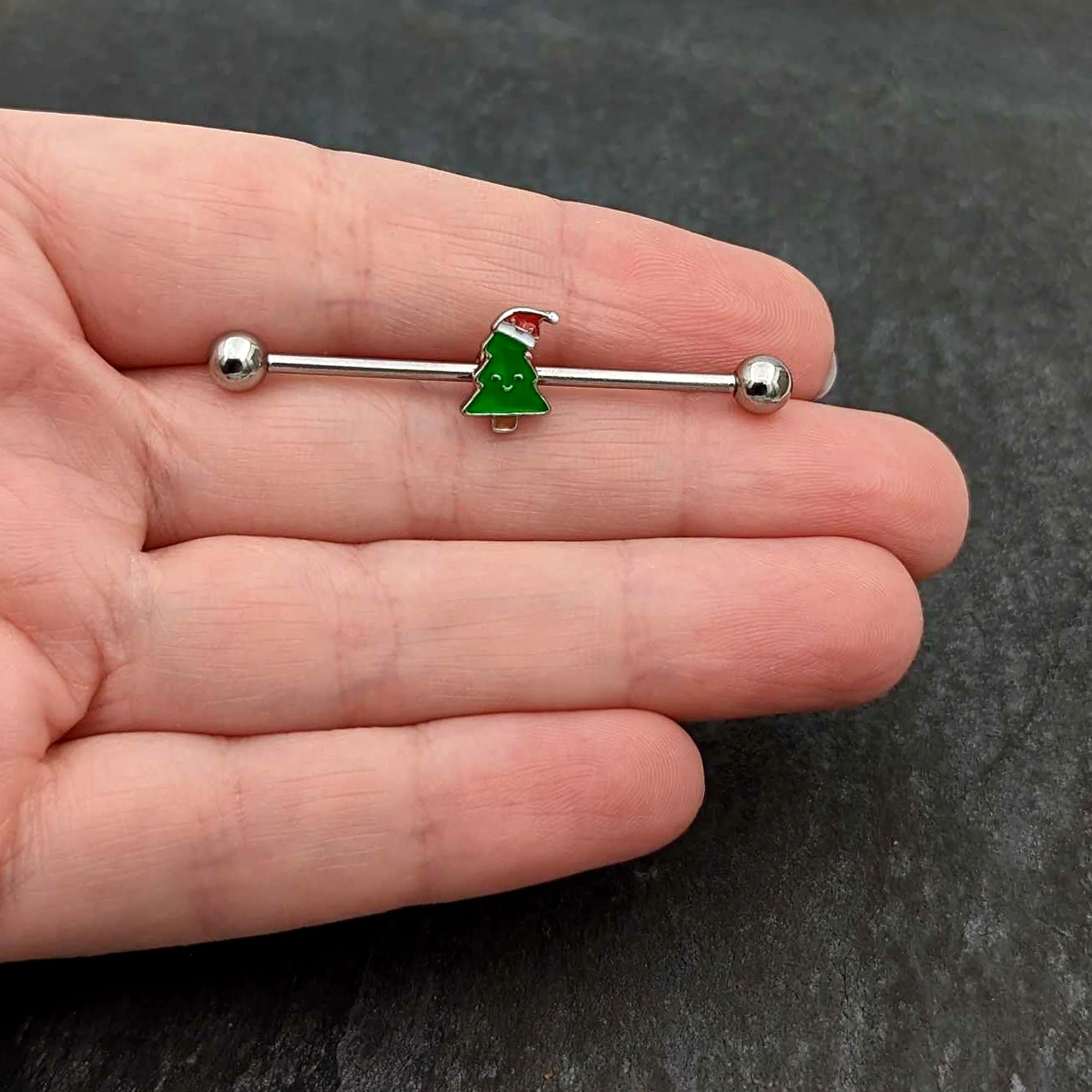 14G Happy Christmas Tree Hat Holiday Industrial Barbell 38mm - Image 8
