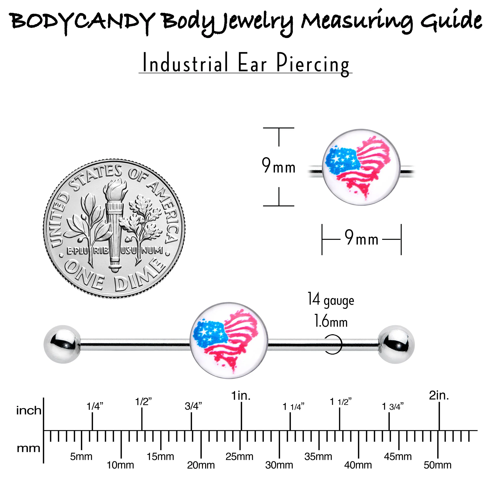 14G Heart Flag Patriotic Industrial Barbell 38mm - Image 4