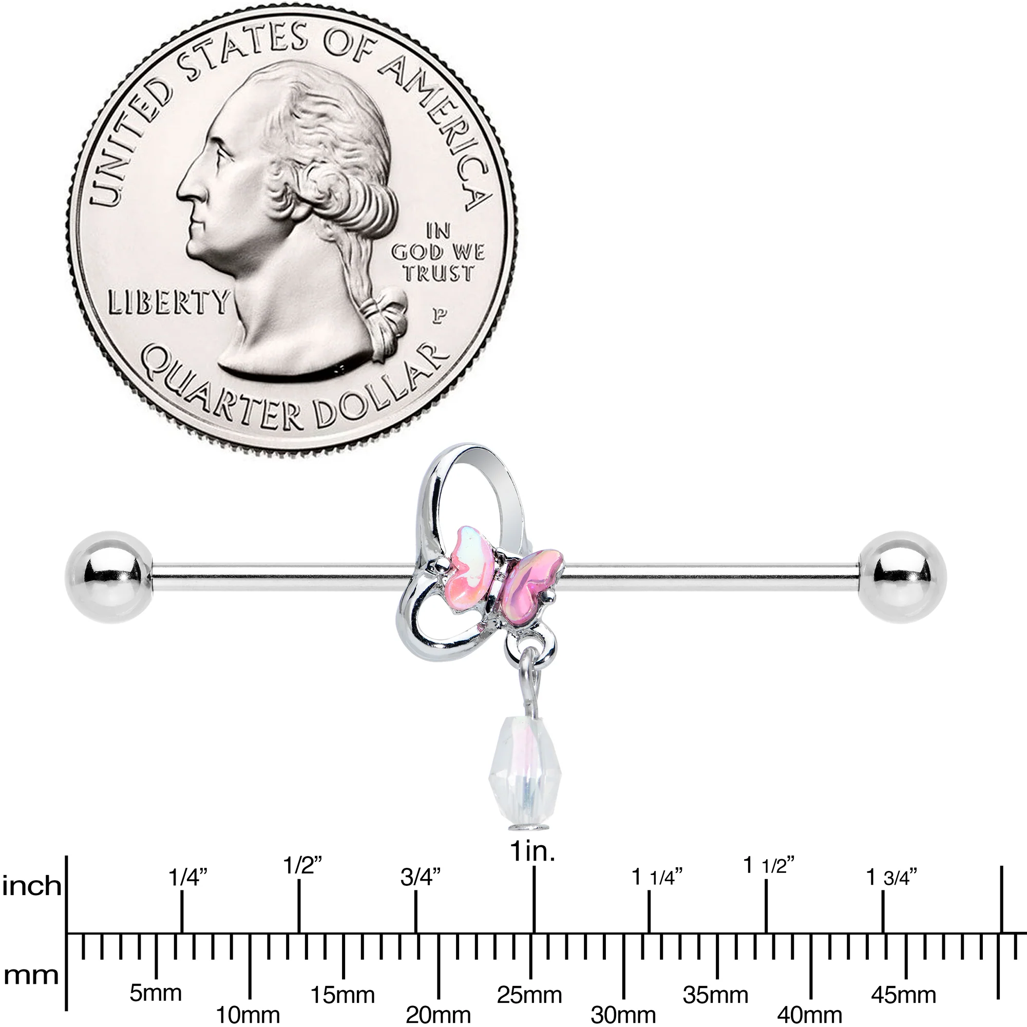 14G Heart Pink Butterfly Dangle Industrial Barbell 38mm - Image 3
