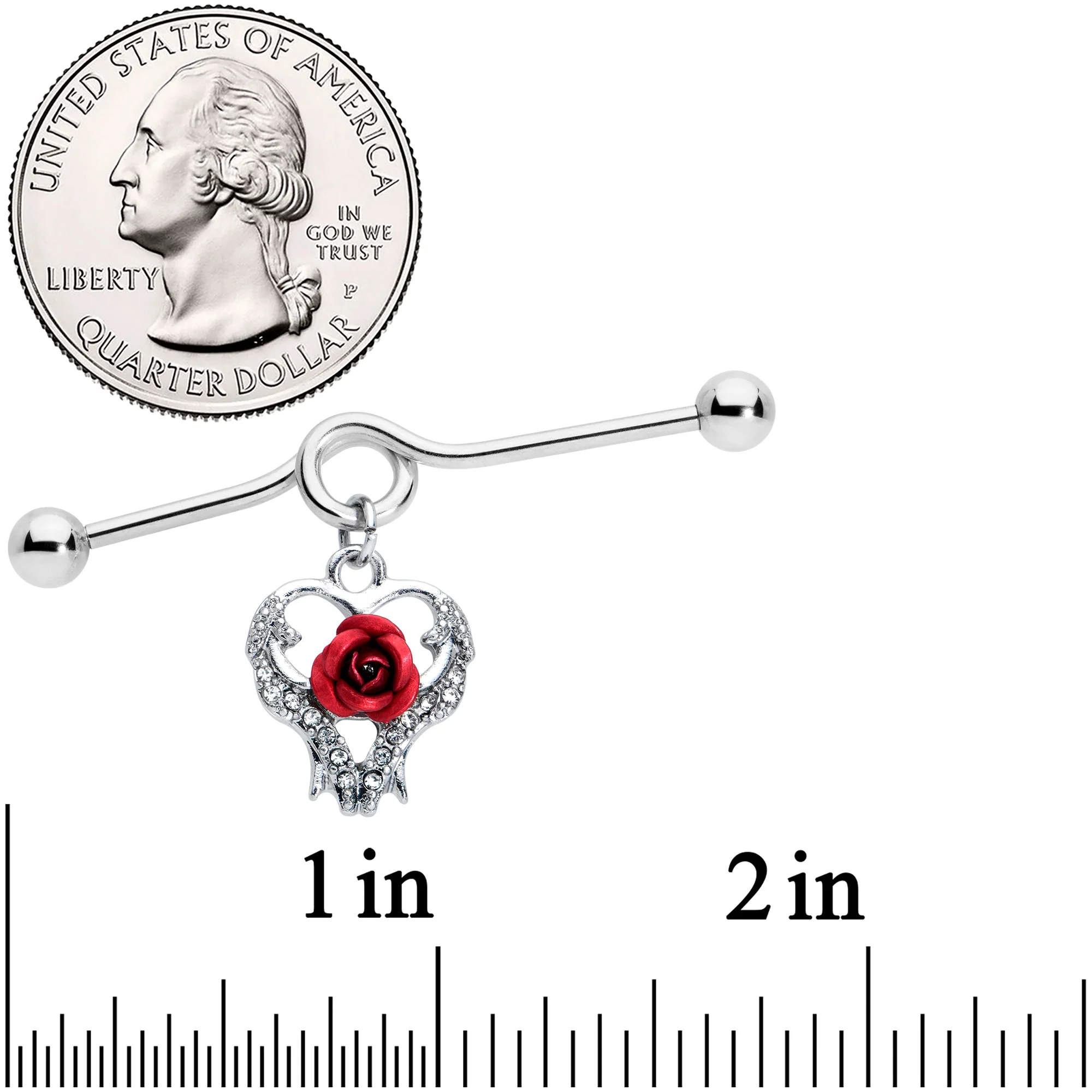 14G Heart Red Rose Flower Valentines Day Dangle Project Bar 38mm - Image 2