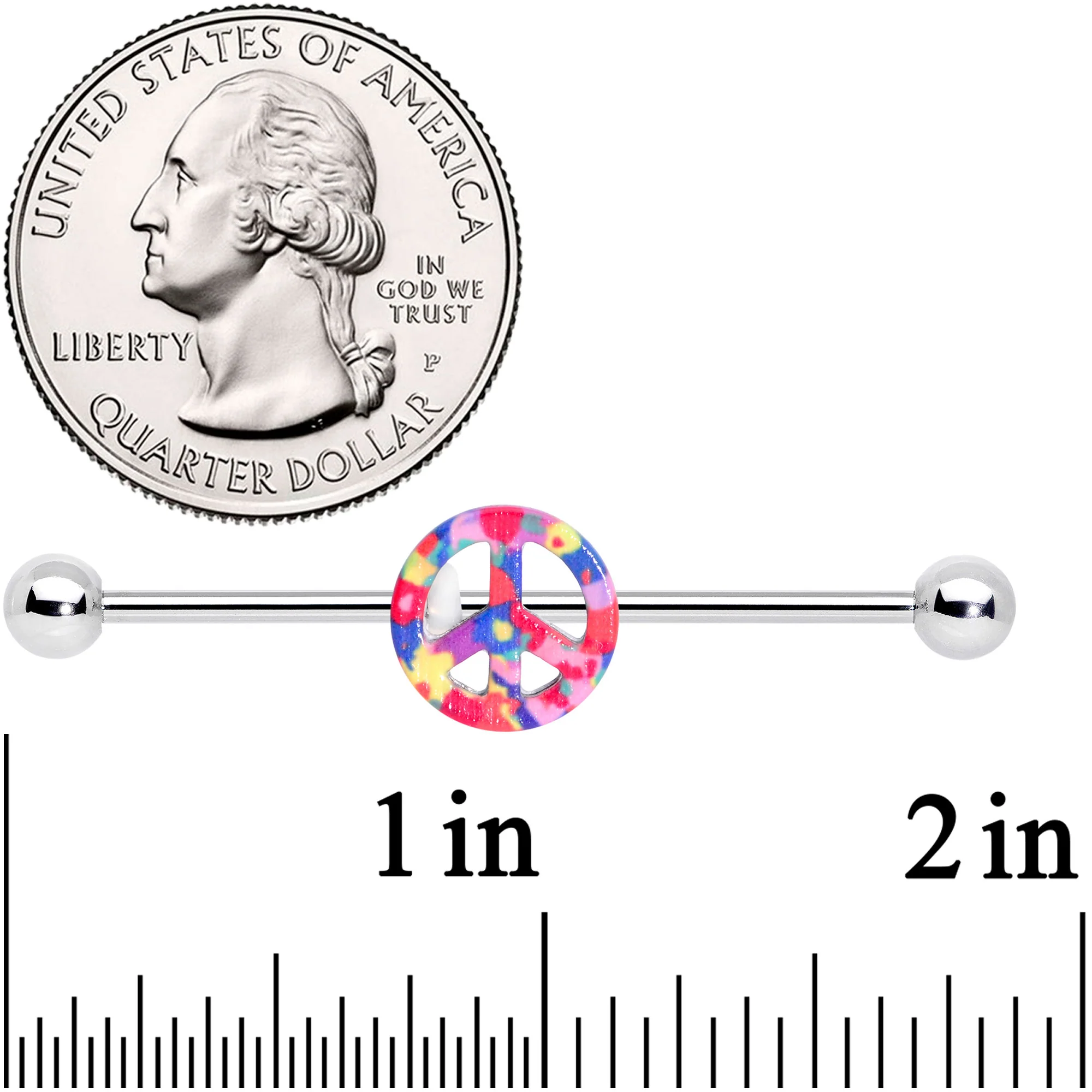 14G Hippie Rainbow Peace Sign Industrial Barbell 38mm - Image 3