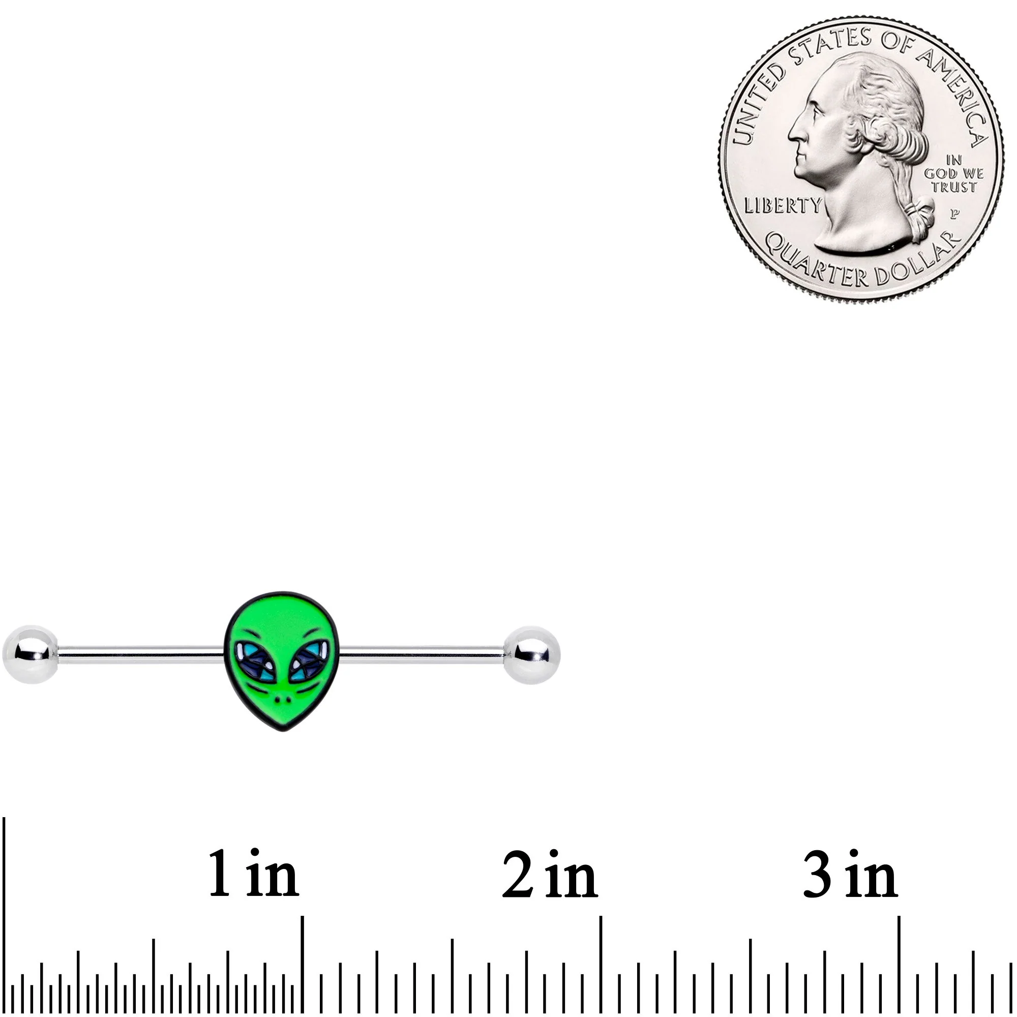 14G Hypnotic Eye Green Alien Industrial Barbell 38mm - Image 2