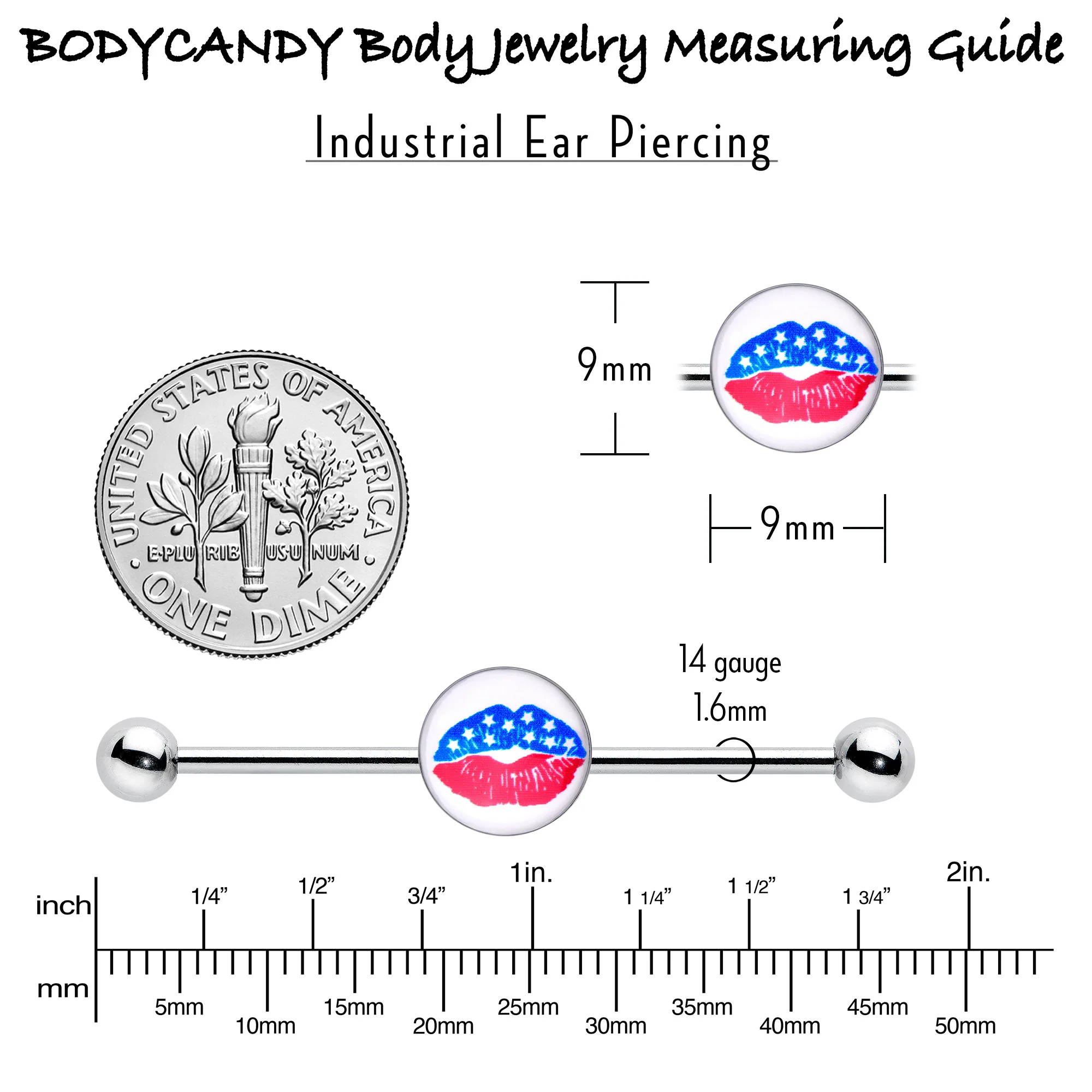 14G Inlay Patriotic Kissy Lips Industrial Barbell 38mm - Image 4
