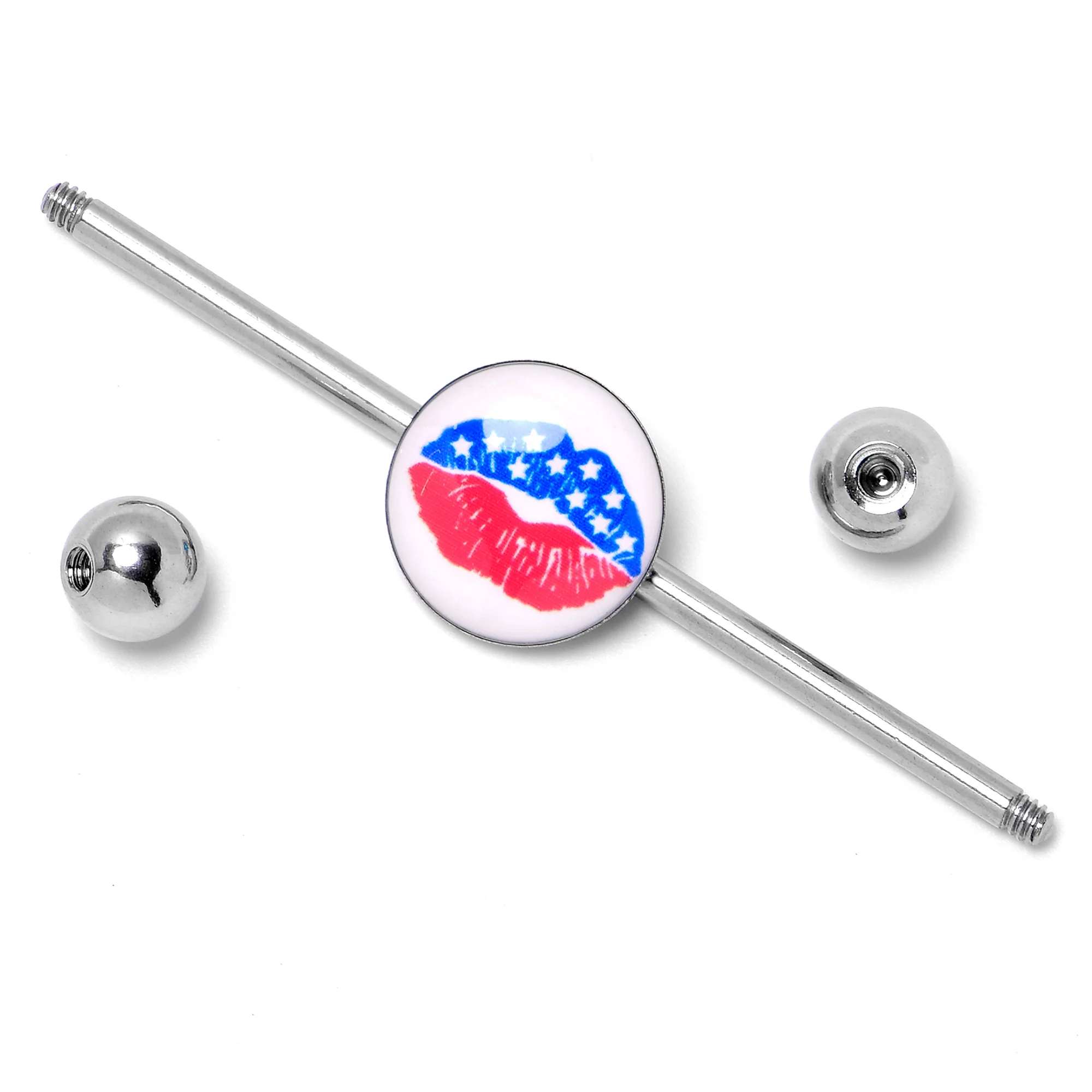 14G Inlay Patriotic Kissy Lips Industrial Barbell 38mm - Image 5