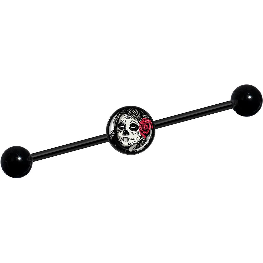 14G Katrina Sugar Skull with Rose Flower Black Industrial Barbell 37mm - Image 2