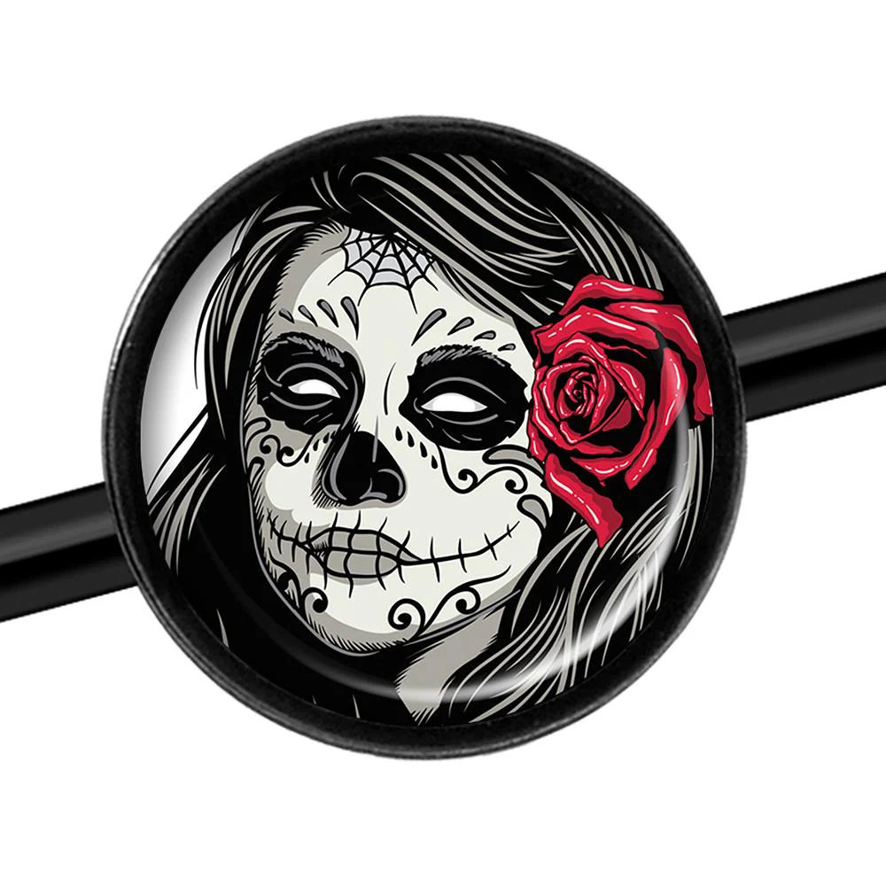 14G Katrina Sugar Skull with Rose Flower Black Industrial Barbell 37mm - Image 3