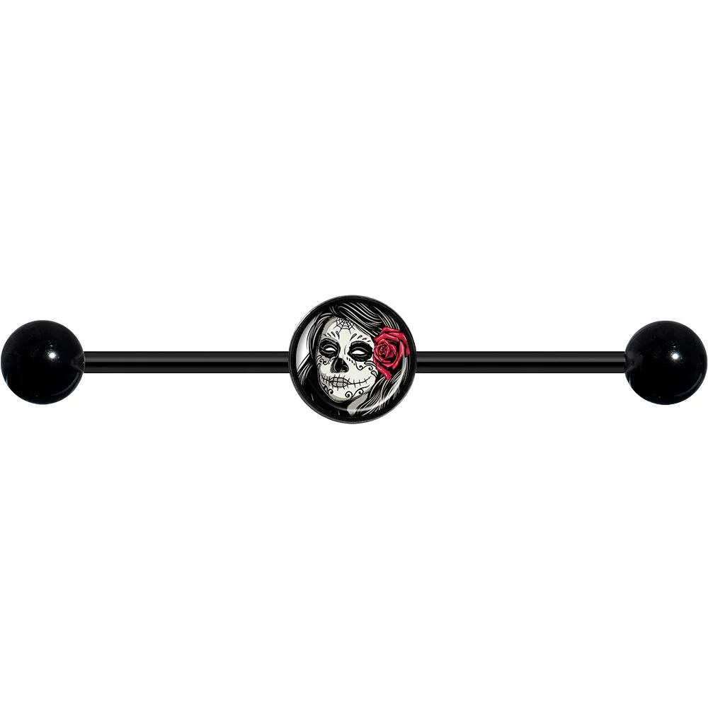 14G Katrina Sugar Skull with Rose Flower Black Industrial Barbell 37mm - Image 4