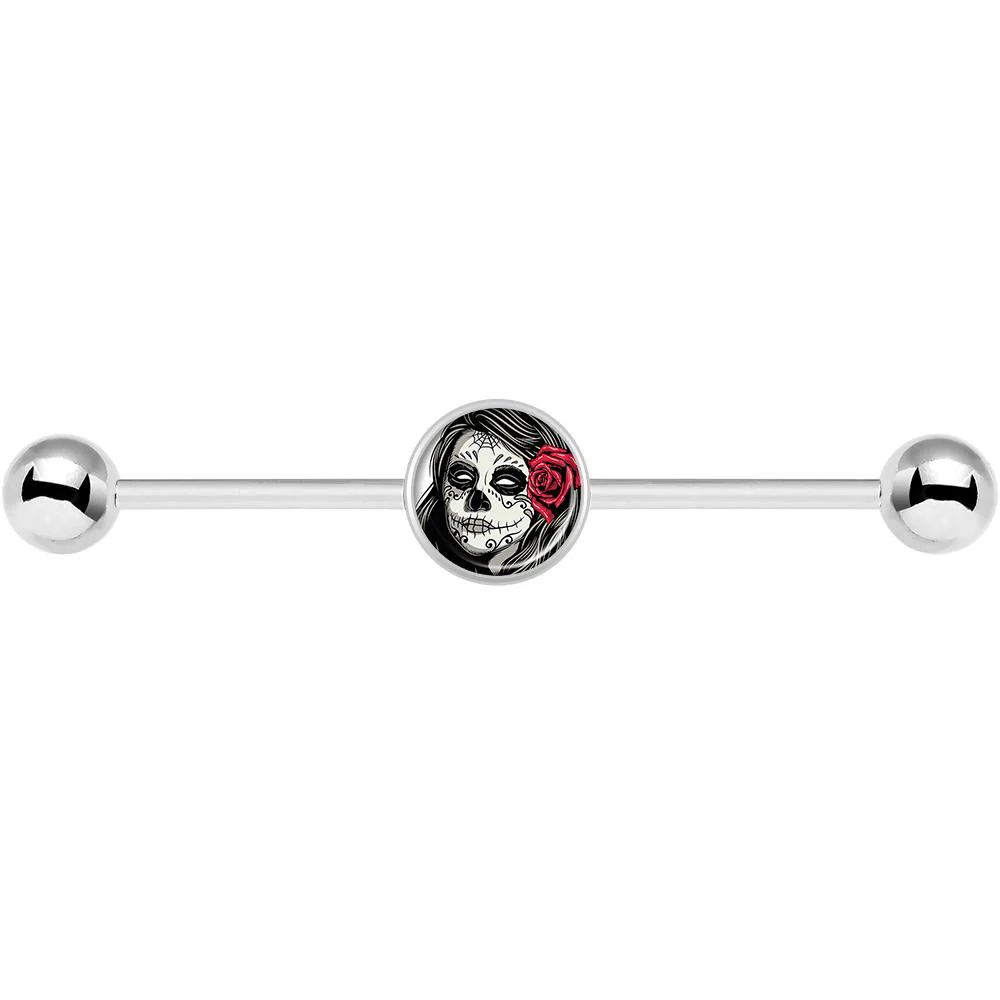14G Katrina Sugar Skull with Rose Flower Industrial Barbell 37mm - Image 4