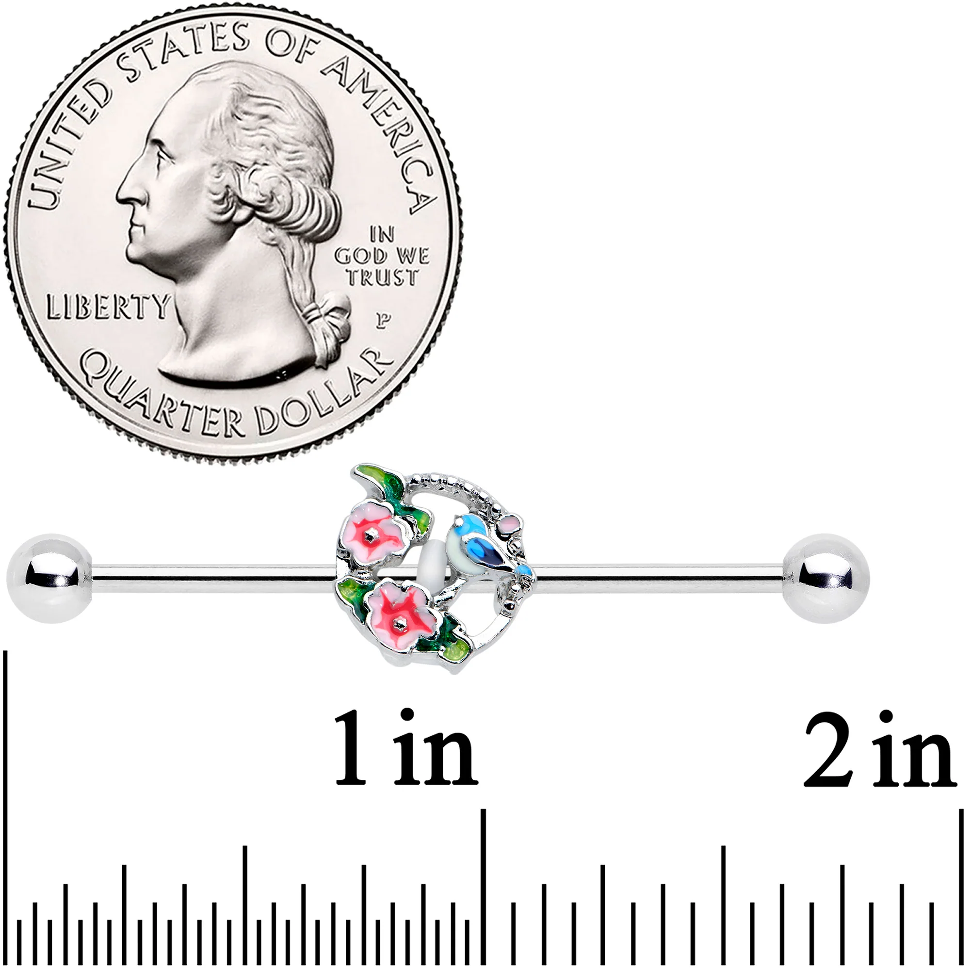 14G Little Blue Bird Pink Flowers Industrial Barbell 38mm - Image 2