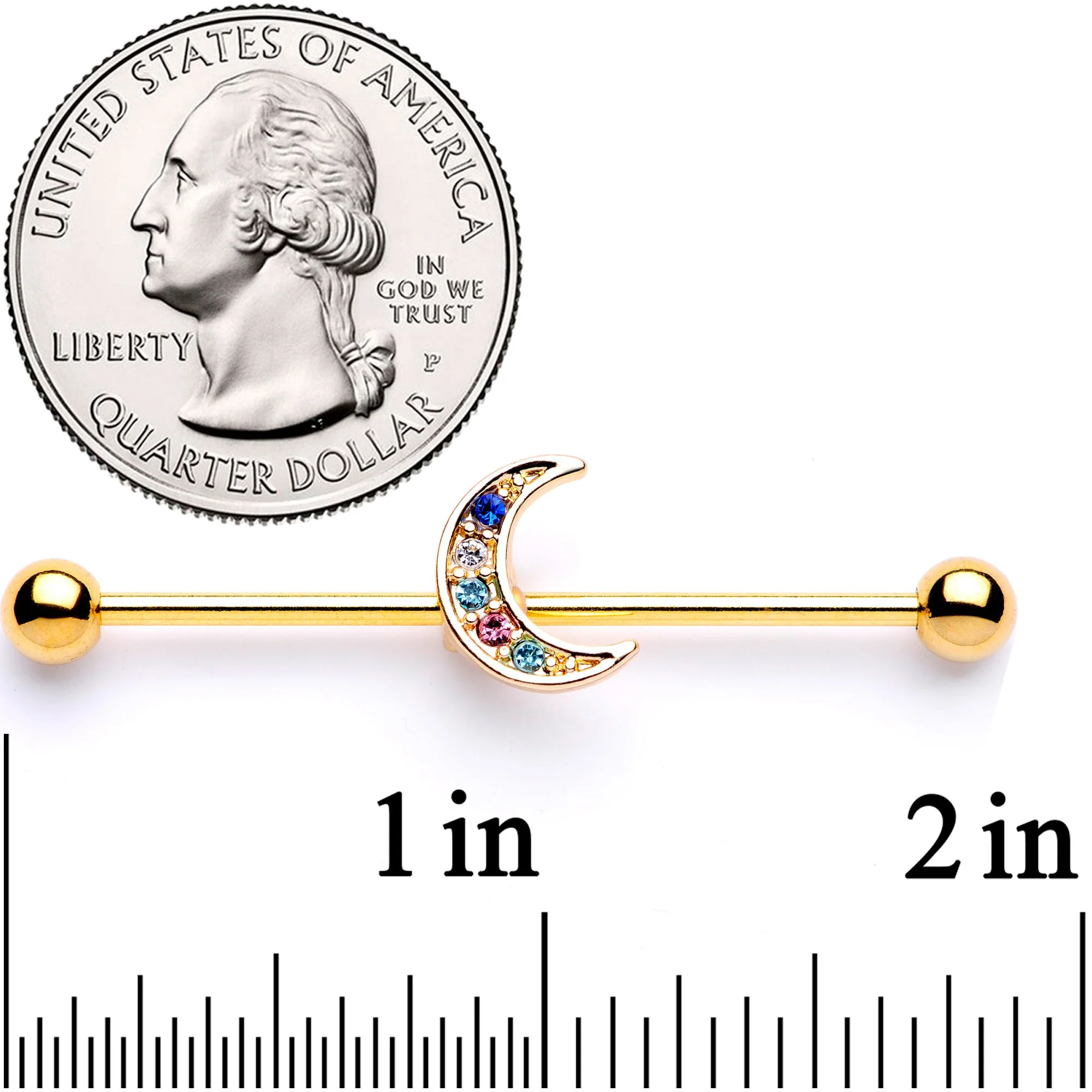 14G Multicolor Gem Gold Tone Moon Industrial Barbell 38mm - Image 2
