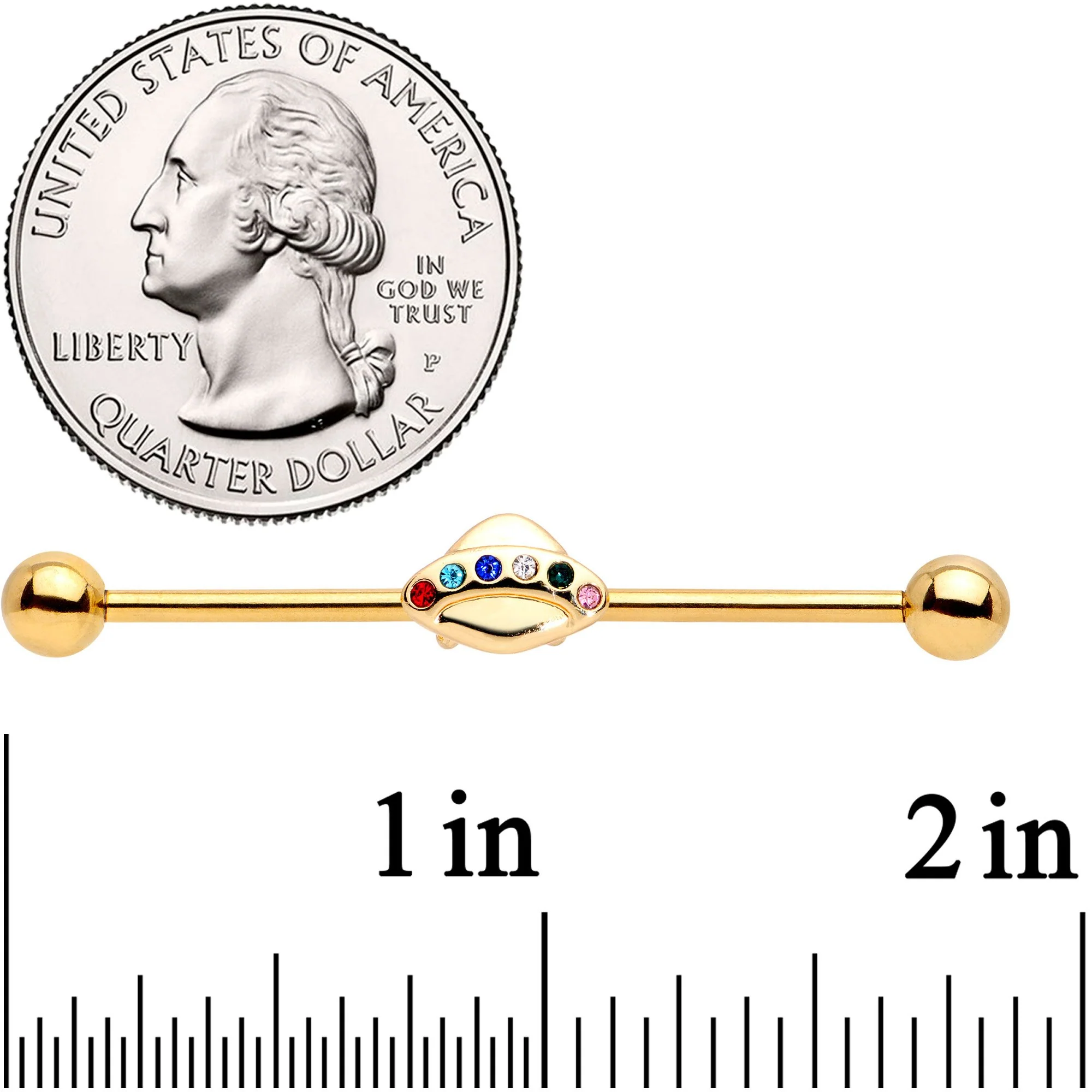 14G Multicolor Gem Gold Tone UFO Industrial Barbell 38mm - Image 2