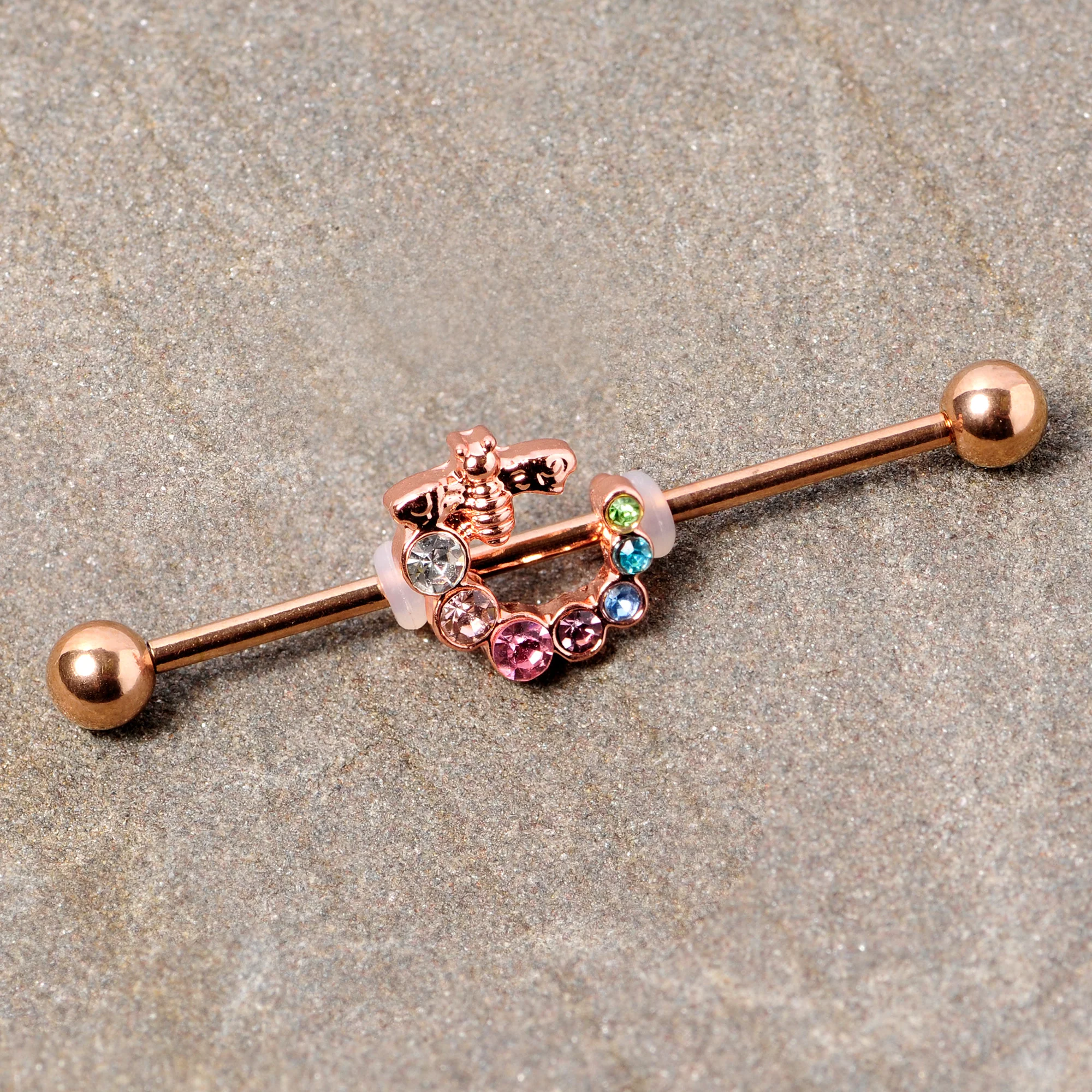 14G Multicolor Gem Rose Gold Tone Bee Industrial Barbell 38mm - Image 2