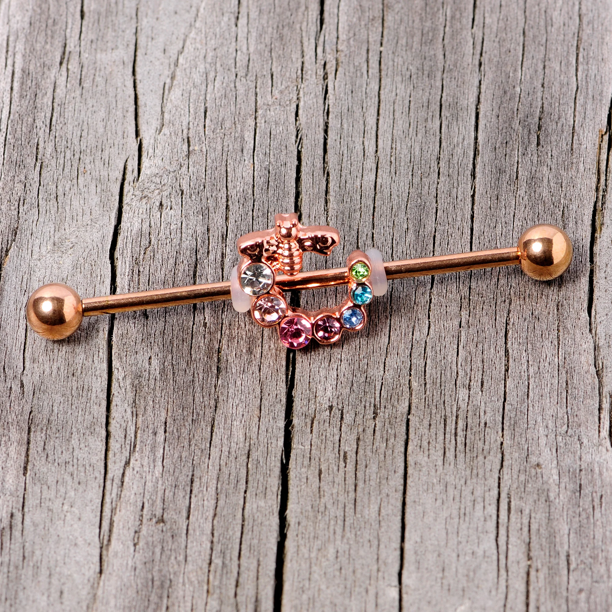 14G Multicolor Gem Rose Gold Tone Bee Industrial Barbell 38mm - Image 3