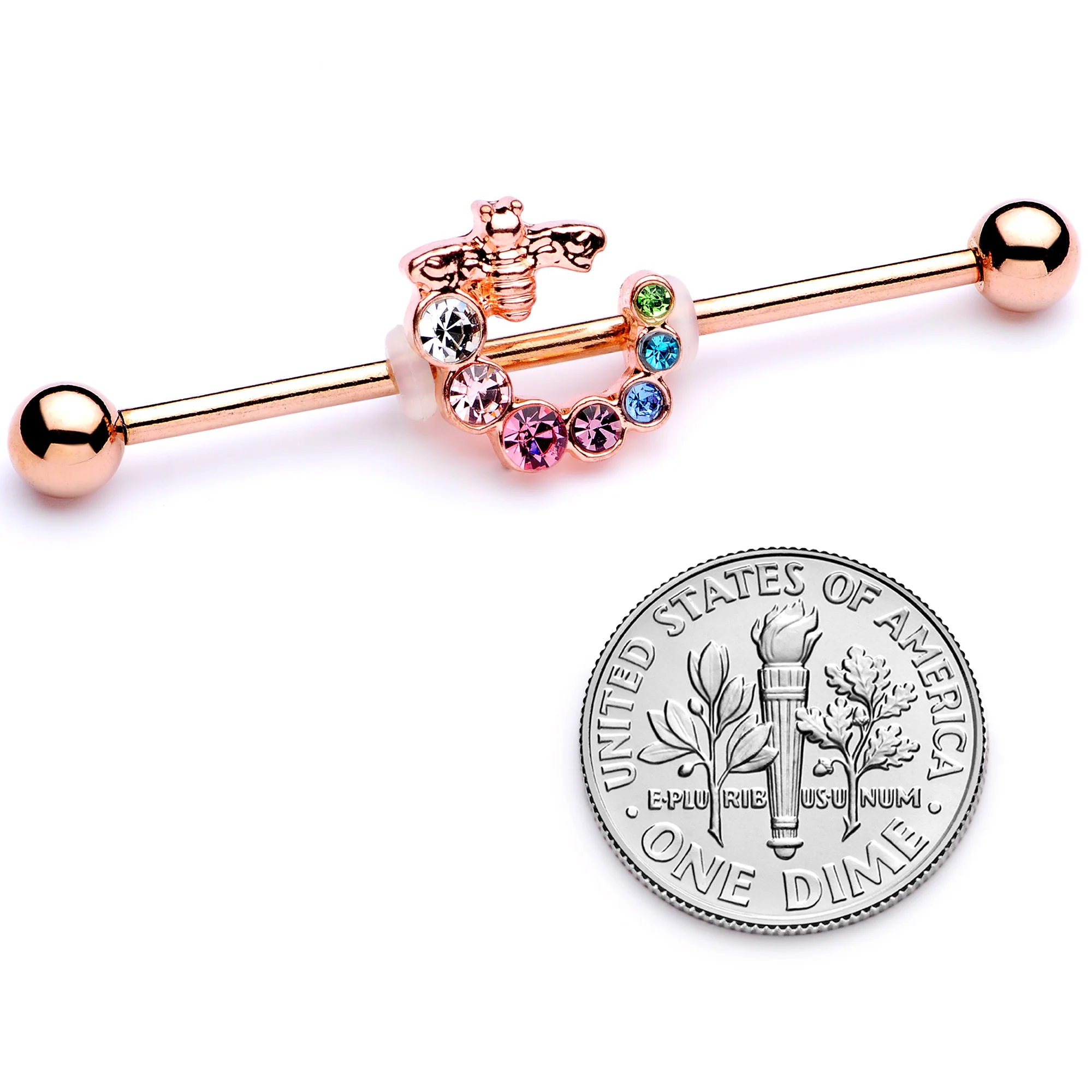 14G Multicolor Gem Rose Gold Tone Bee Industrial Barbell 38mm - Image 4