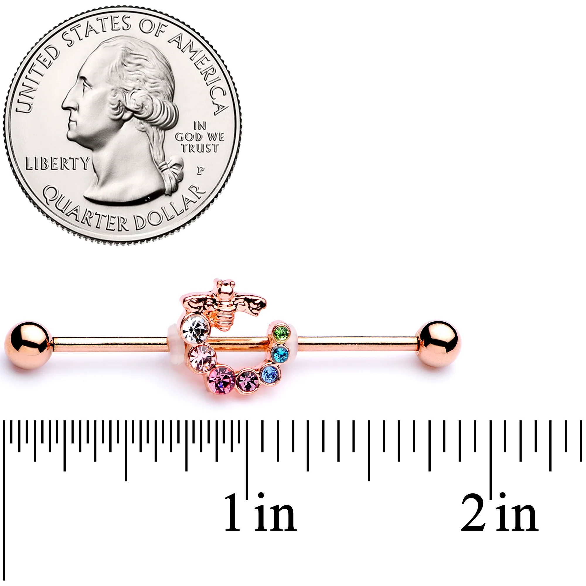 14G Multicolor Gem Rose Gold Tone Bee Industrial Barbell 38mm - Image 5