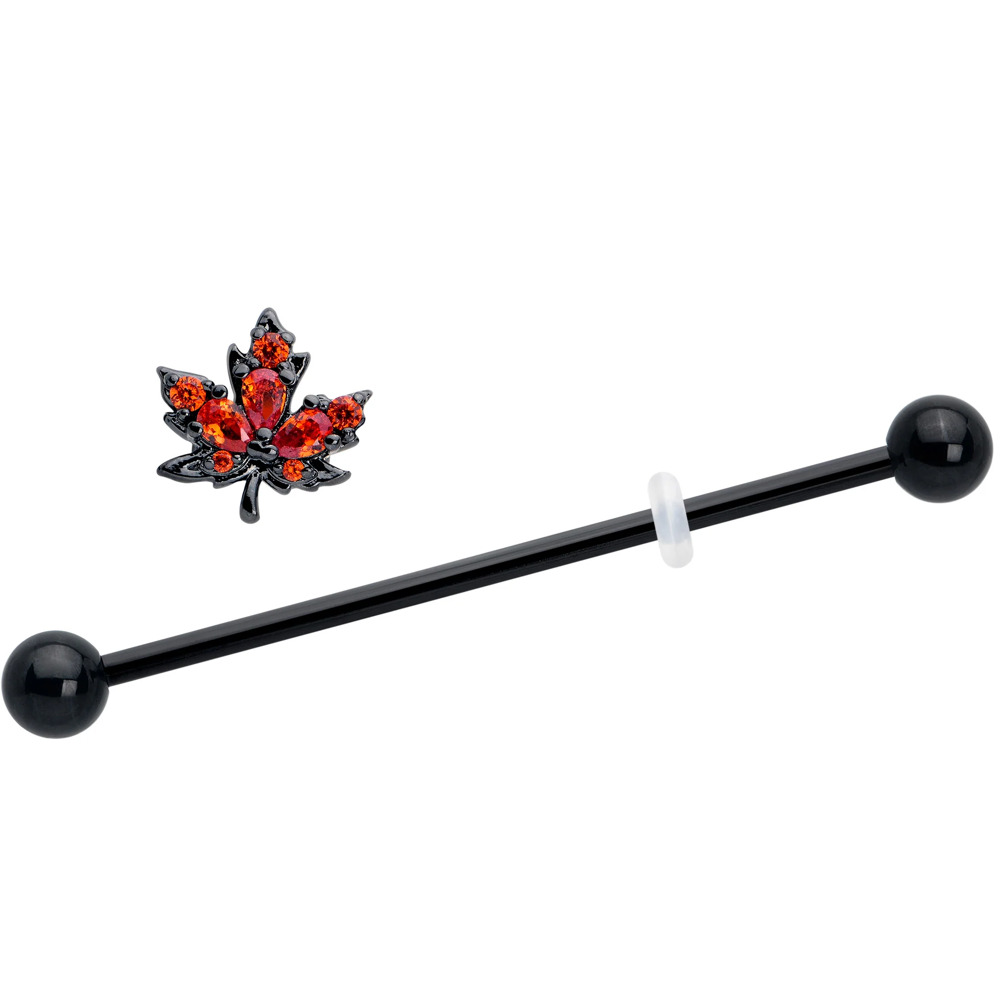 14G Orange CZ Gem Black Autumn Leaf Industrial Barbell 38mm - Image 2