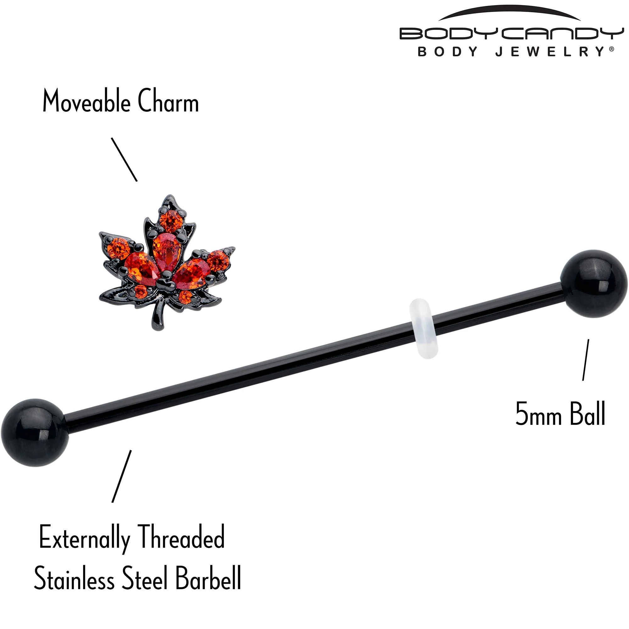 14G Orange CZ Gem Black Autumn Leaf Industrial Barbell 38mm - Image 4