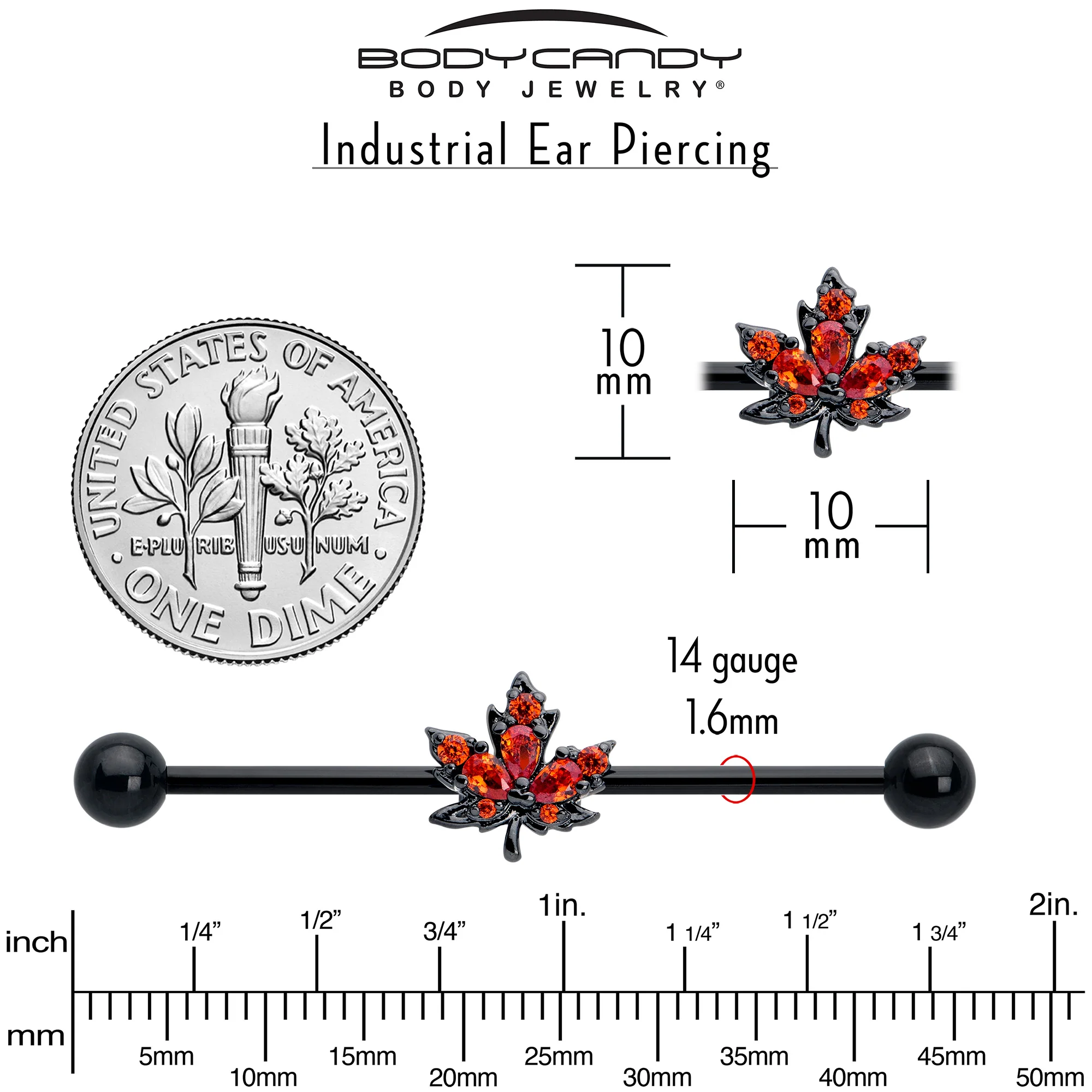 14G Orange CZ Gem Black Autumn Leaf Industrial Barbell 38mm - Image 5