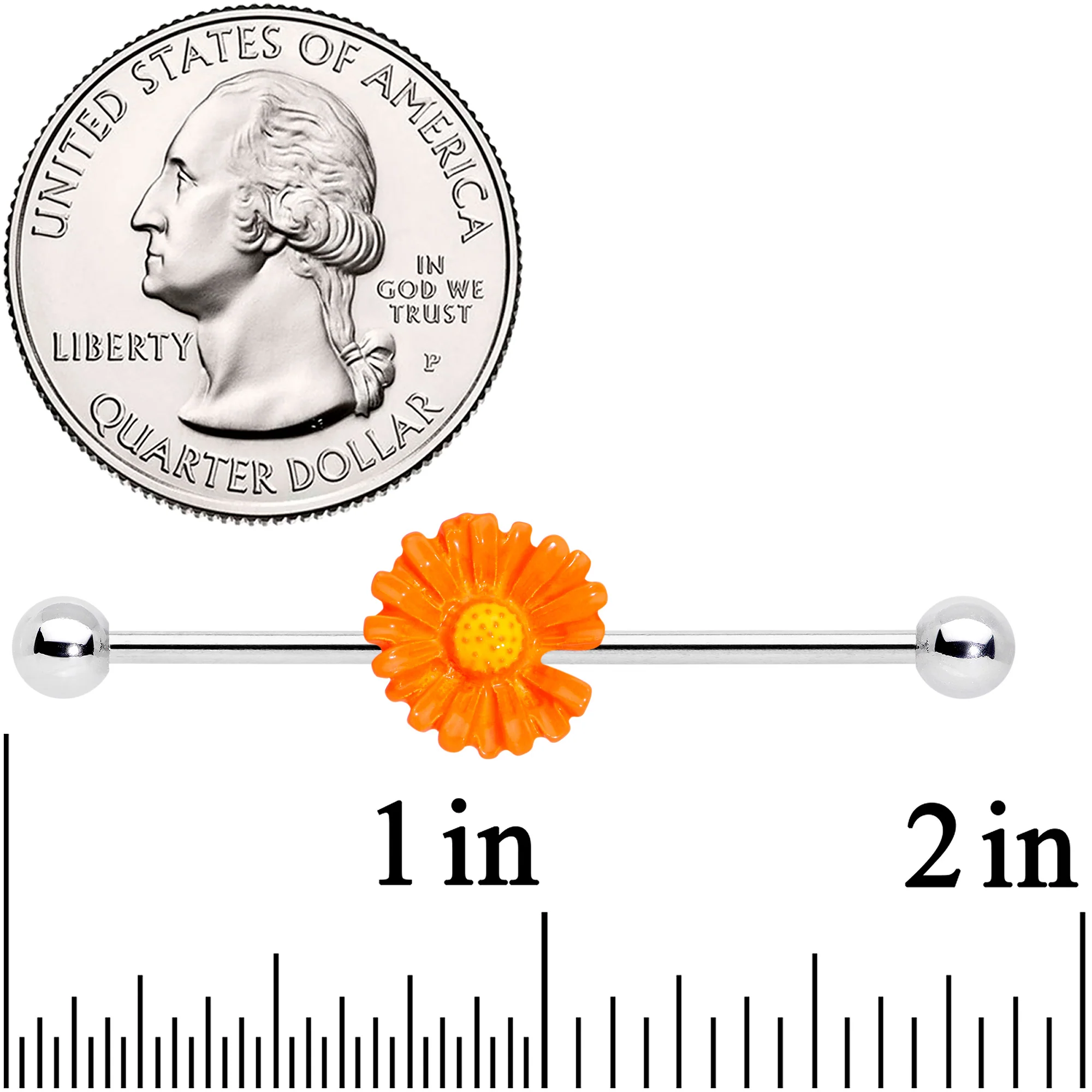 14G Orange Daisy Industrial Barbell 38mm - Image 2