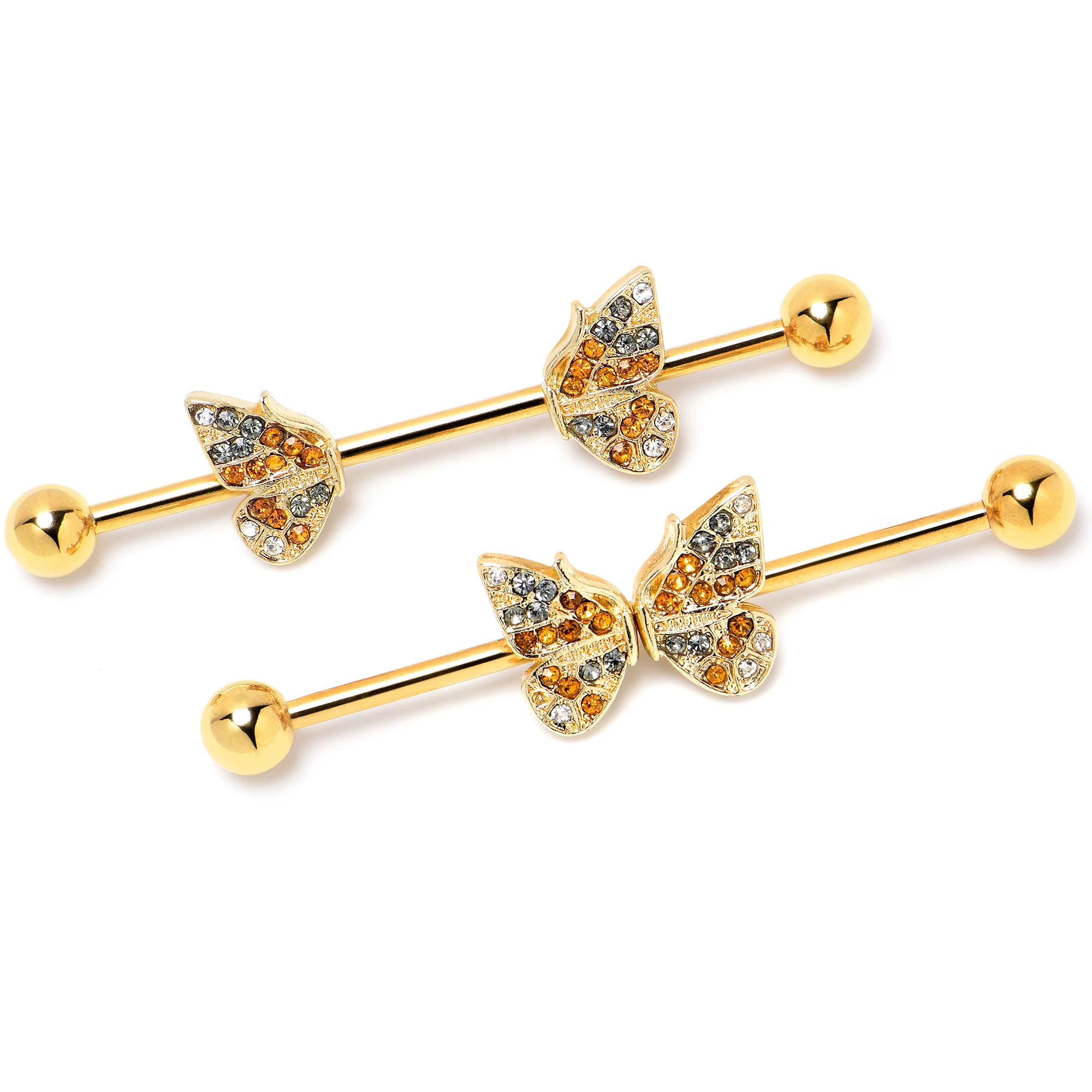 14G Orange Gem Gold Tone Butterfly Wings Industrial Barbell 38mm - Image 3