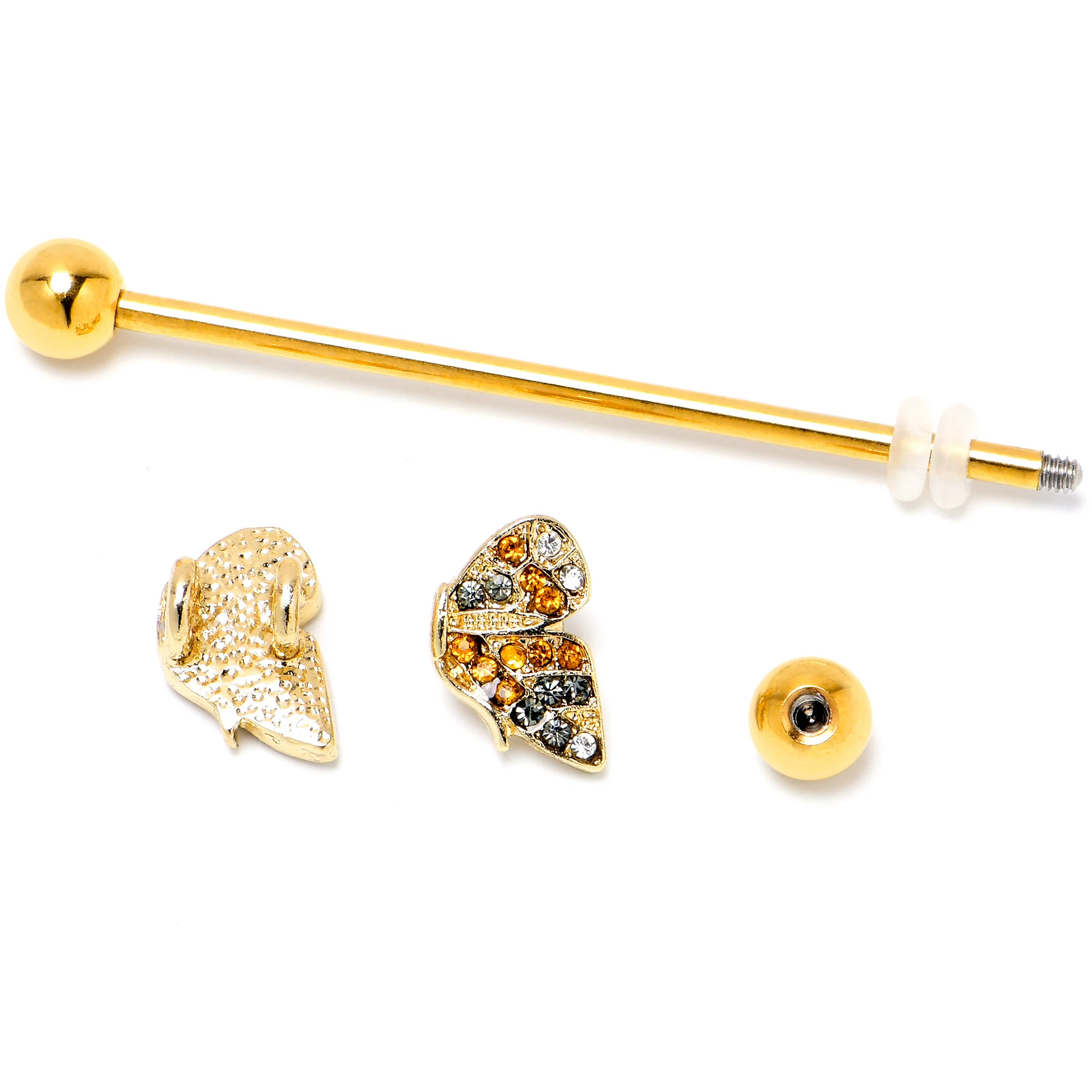 14G Orange Gem Gold Tone Butterfly Wings Industrial Barbell 38mm - Image 4